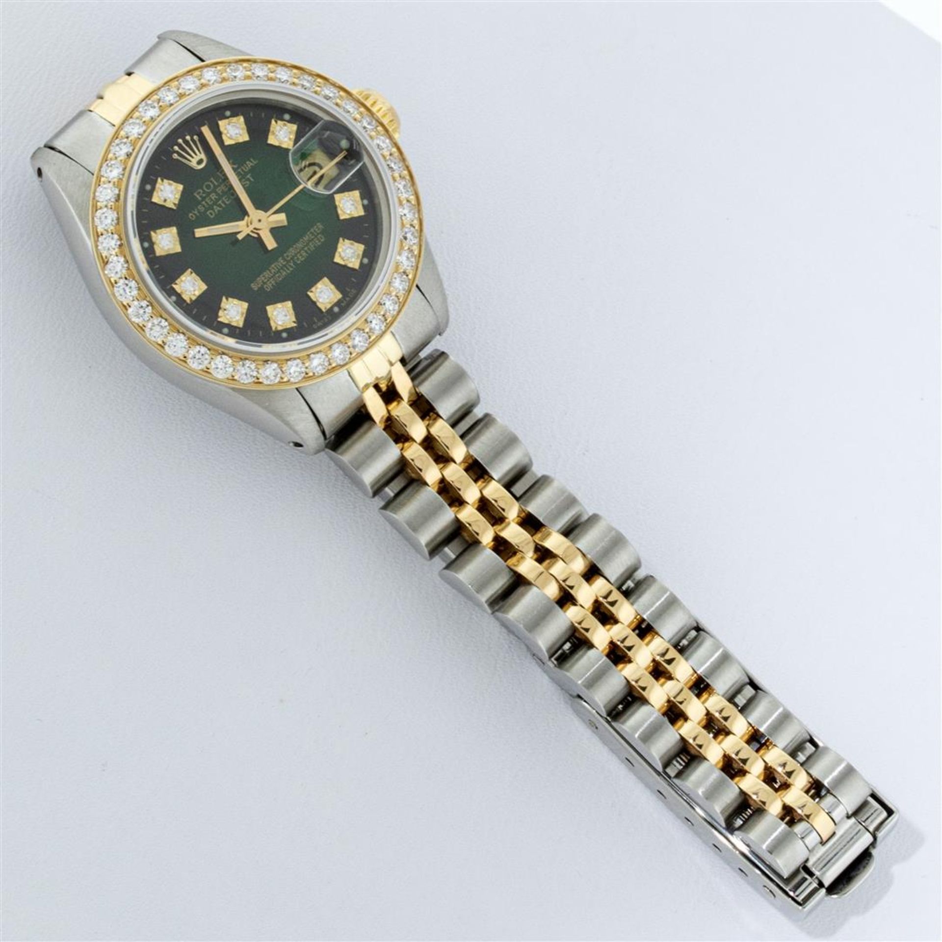 Rolex 2T YG/SS Green Vignette VS 1ctw Diamond Oyster Perpetual Datejust Wristwat - Image 6 of 9