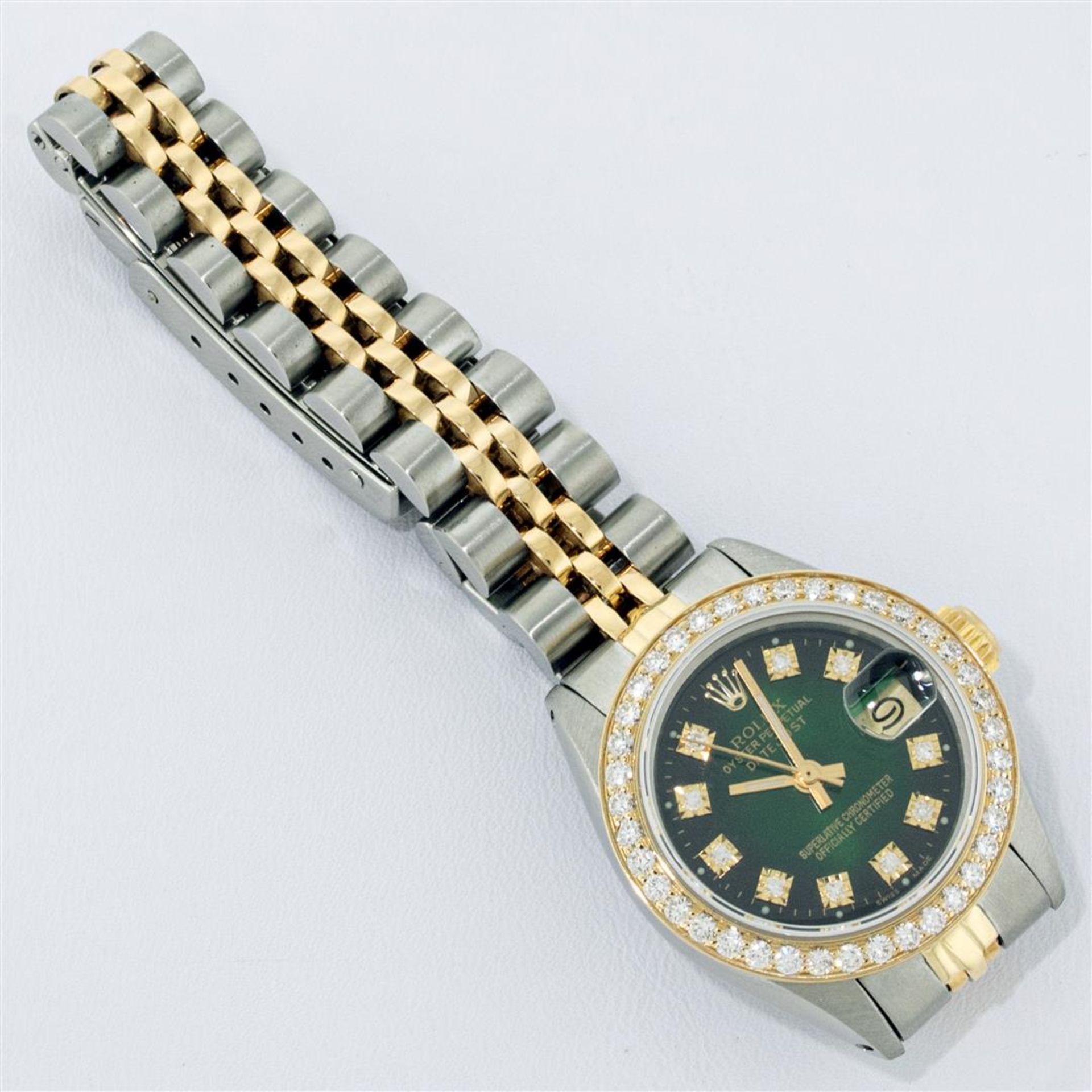 Rolex 2T YG/SS Green Vignette VS 1ctw Diamond Oyster Perpetual Datejust Wristwat - Image 7 of 9