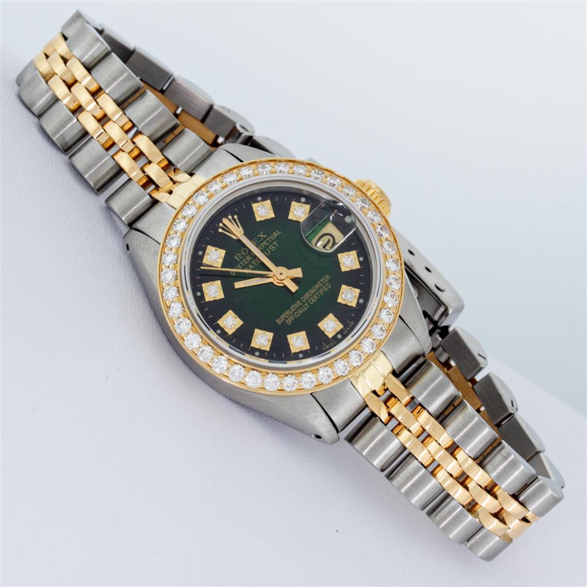 Rolex 2T YG/SS Green Vignette VS 1ctw Diamond Oyster Perpetual Datejust Wristwat - Image 3 of 9