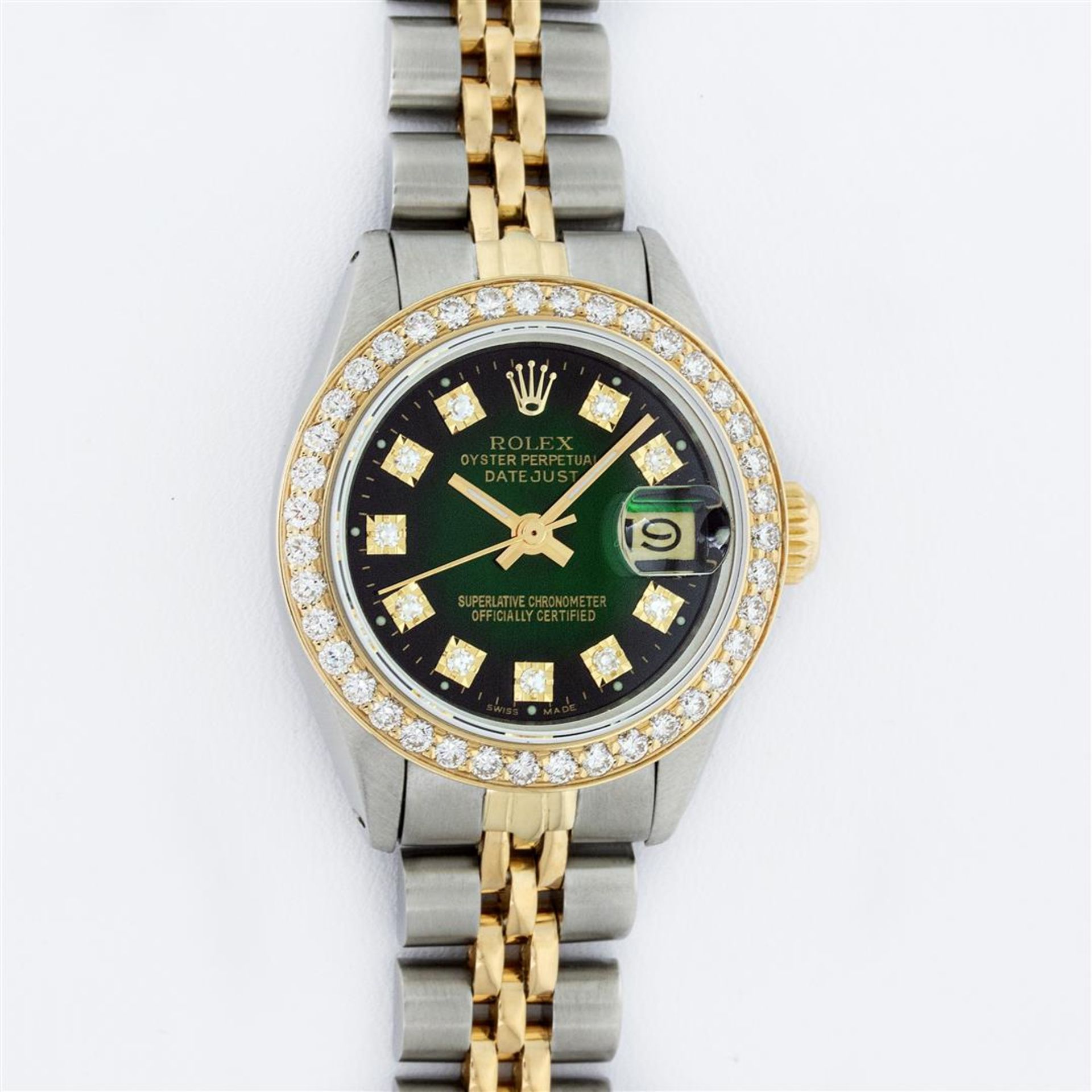 Rolex 2T YG/SS Green Vignette VS 1ctw Diamond Oyster Perpetual Datejust Wristwat - Image 2 of 9