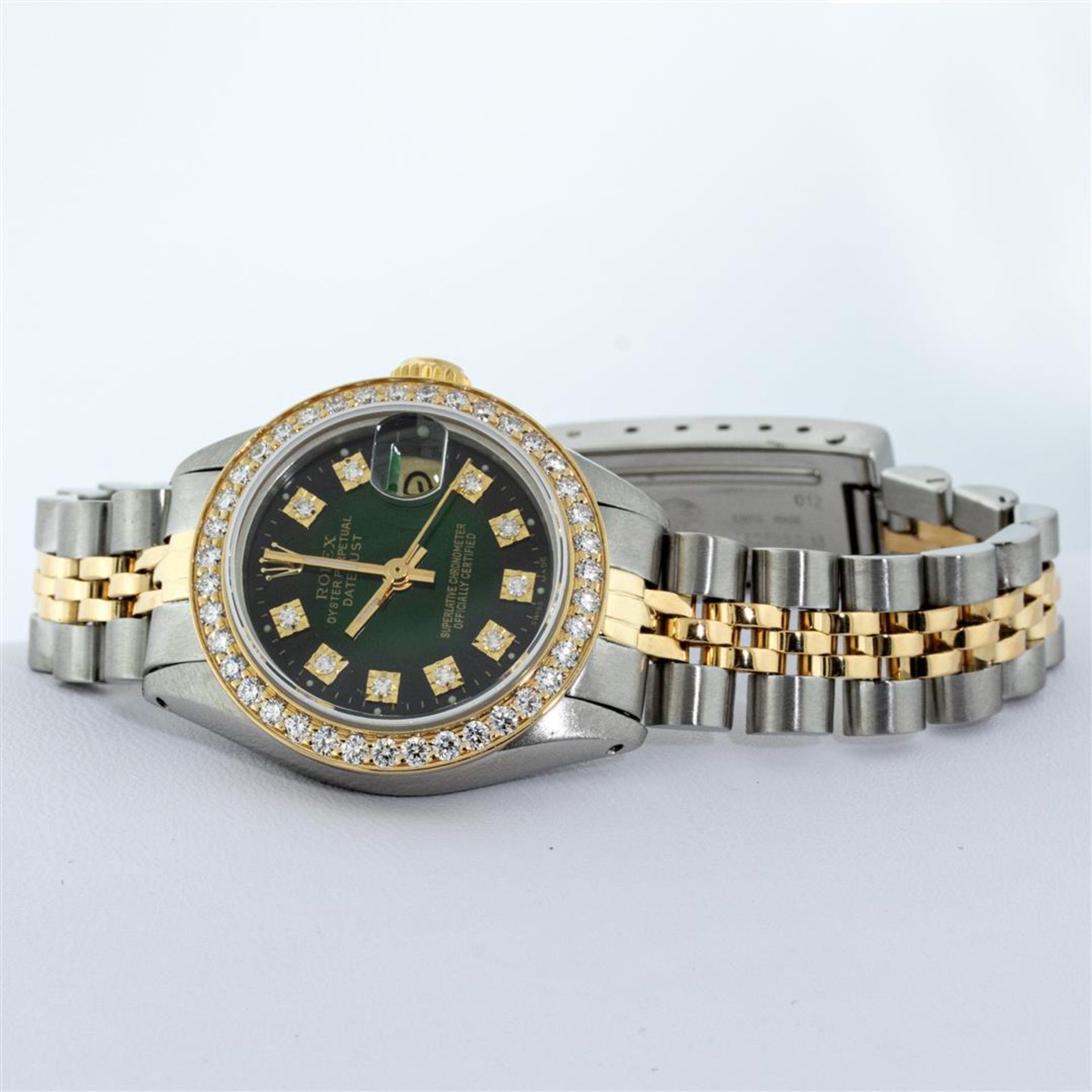 Rolex 2T YG/SS Green Vignette VS 1ctw Diamond Oyster Perpetual Datejust Wristwat - Image 4 of 9