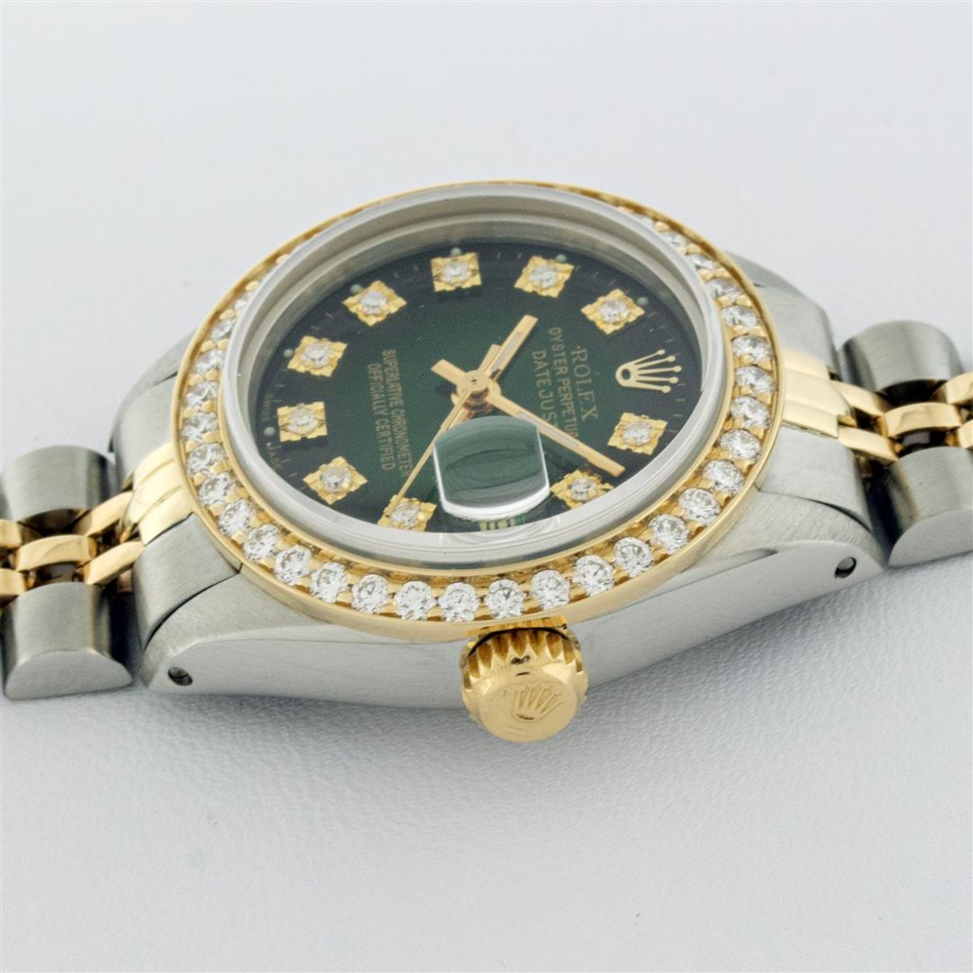 Rolex 2T YG/SS Green Vignette VS 1ctw Diamond Oyster Perpetual Datejust Wristwat - Image 8 of 9