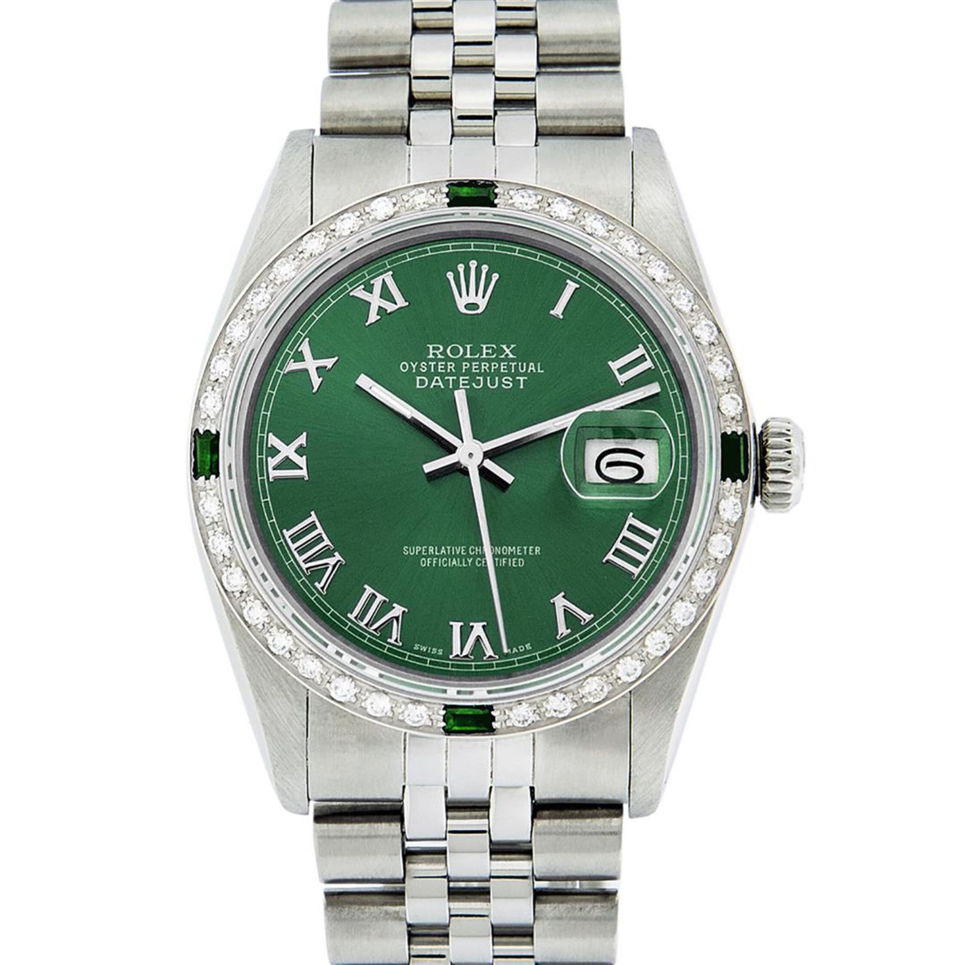 Rolex Mens Stainless Steel Green Roman Diamond & Emerald Datejust Wristwatch - Image 3 of 9