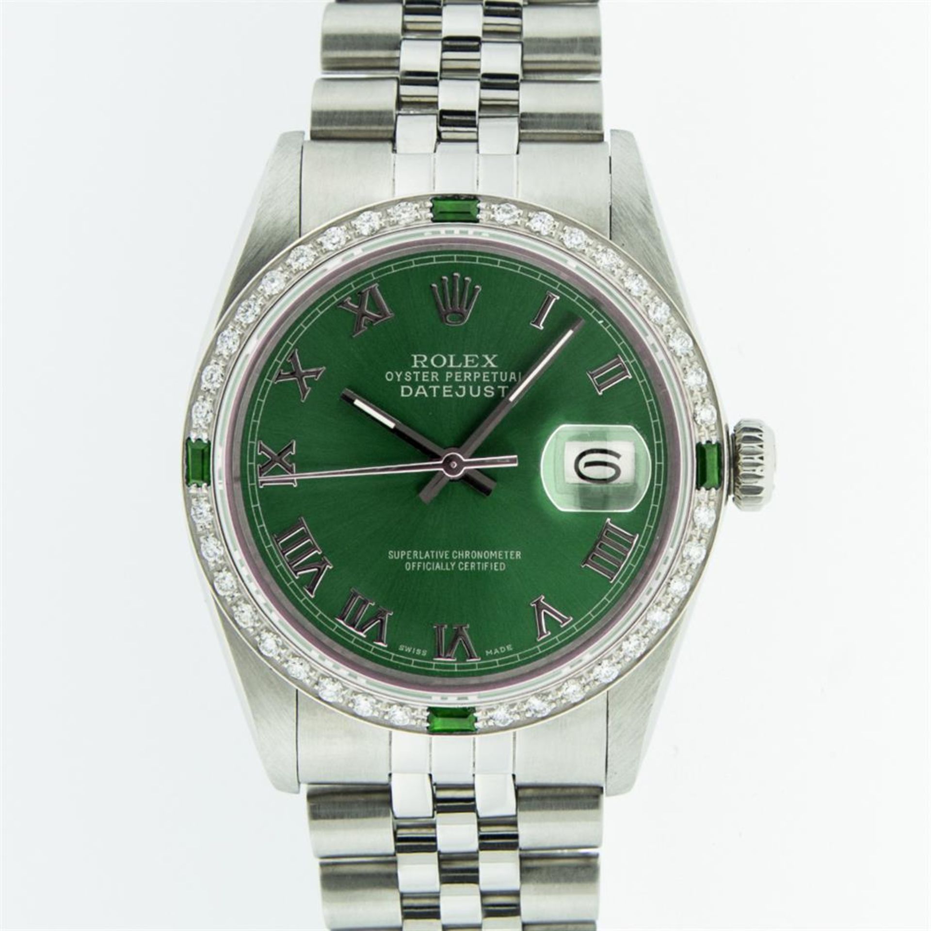 Rolex Mens Stainless Steel Green Roman Diamond & Emerald Datejust Wristwatch