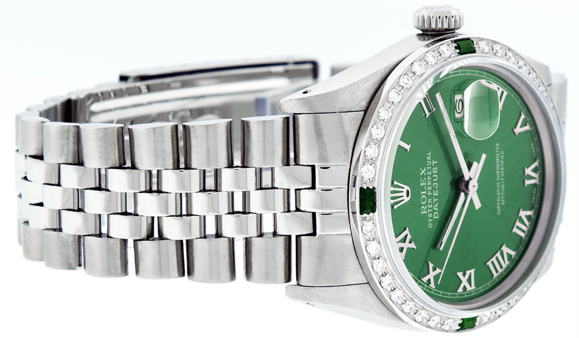 Rolex Mens Stainless Steel Green Roman Diamond & Emerald Datejust Wristwatch - Image 5 of 9