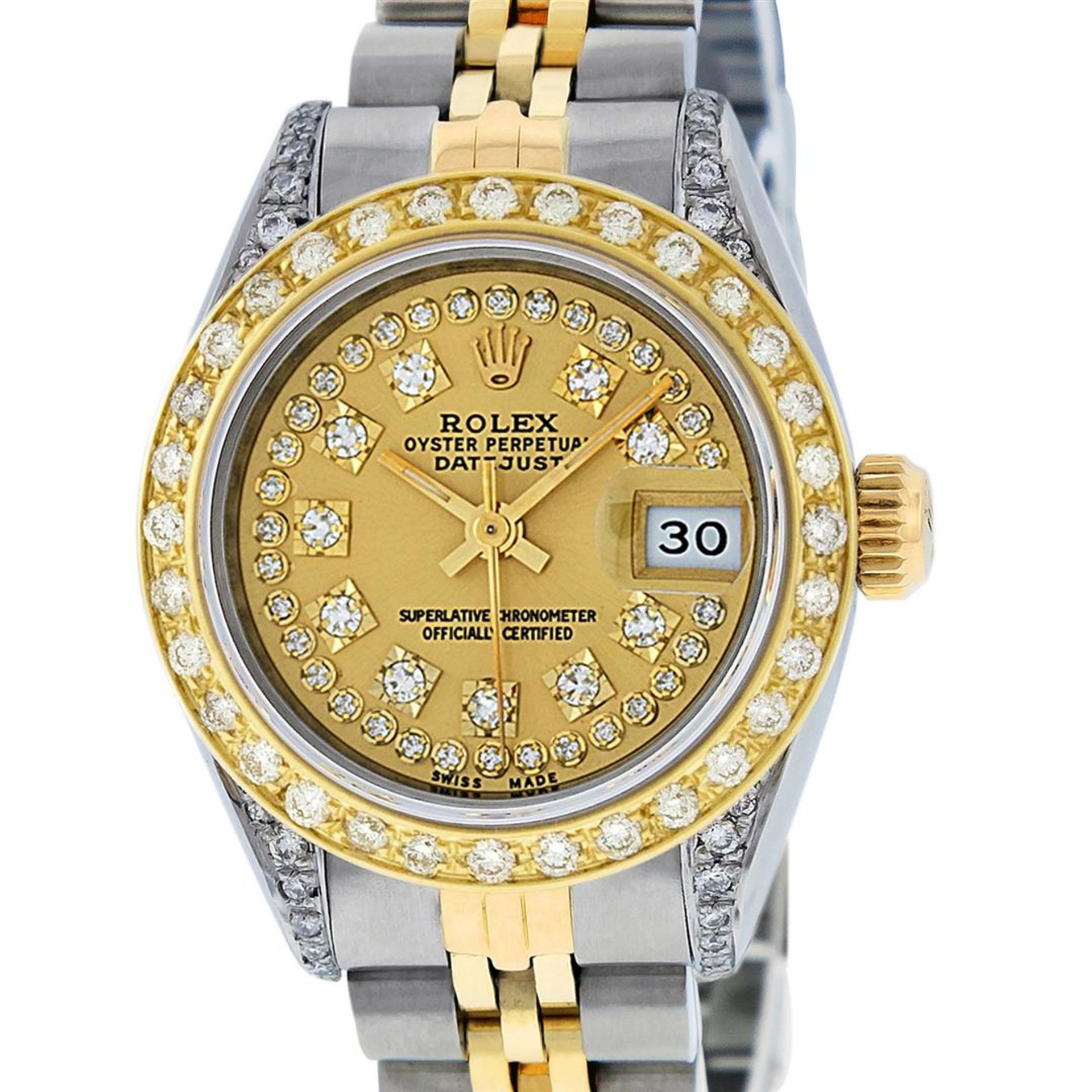 Rolex Ladies 2 Tone 18K Champagne String Diamond Lugs Datejust Wristwatch