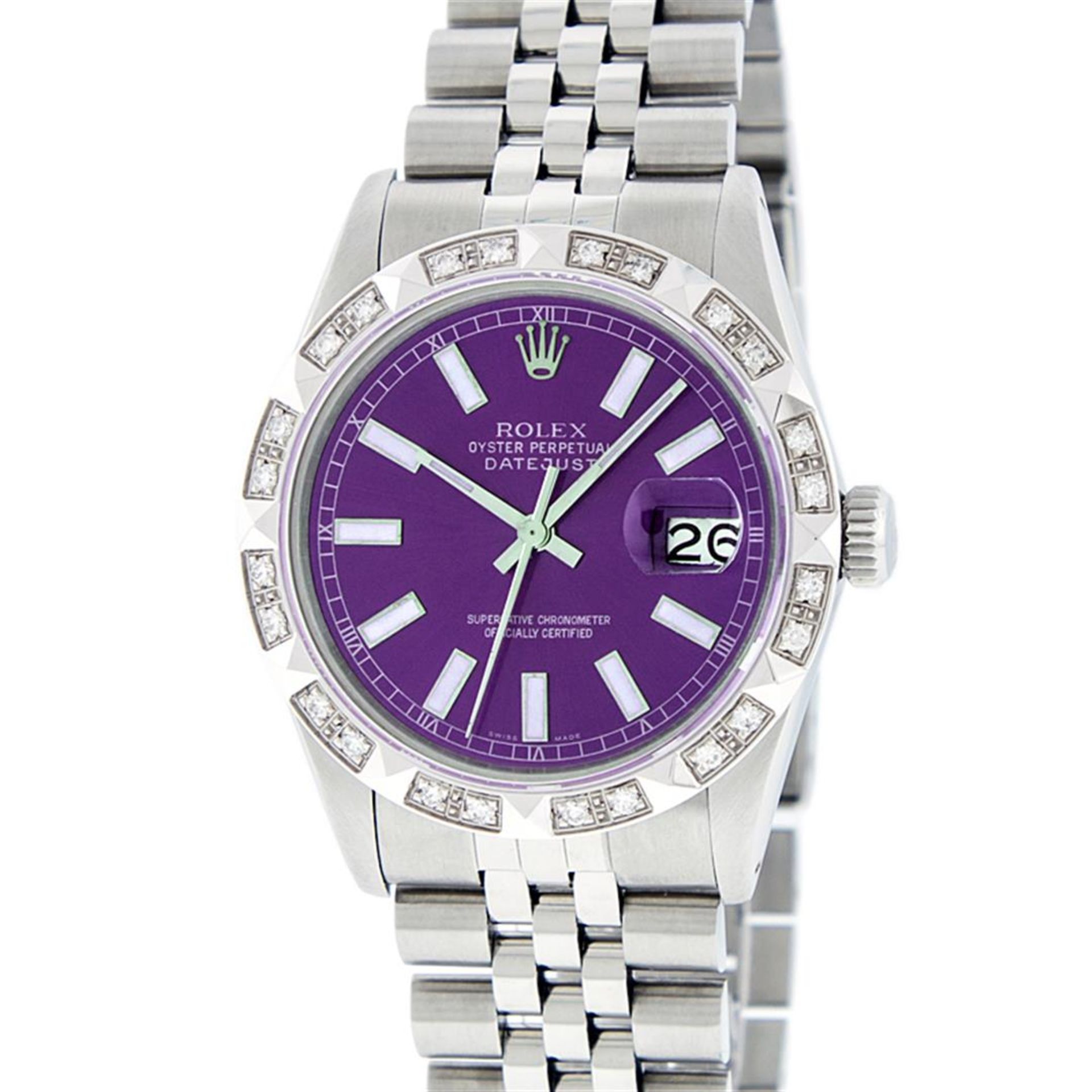 Rolex Mens Stainless Steel 36MM Purple Index Pyramid Diamond Datejust Wristwatch - Image 2 of 9