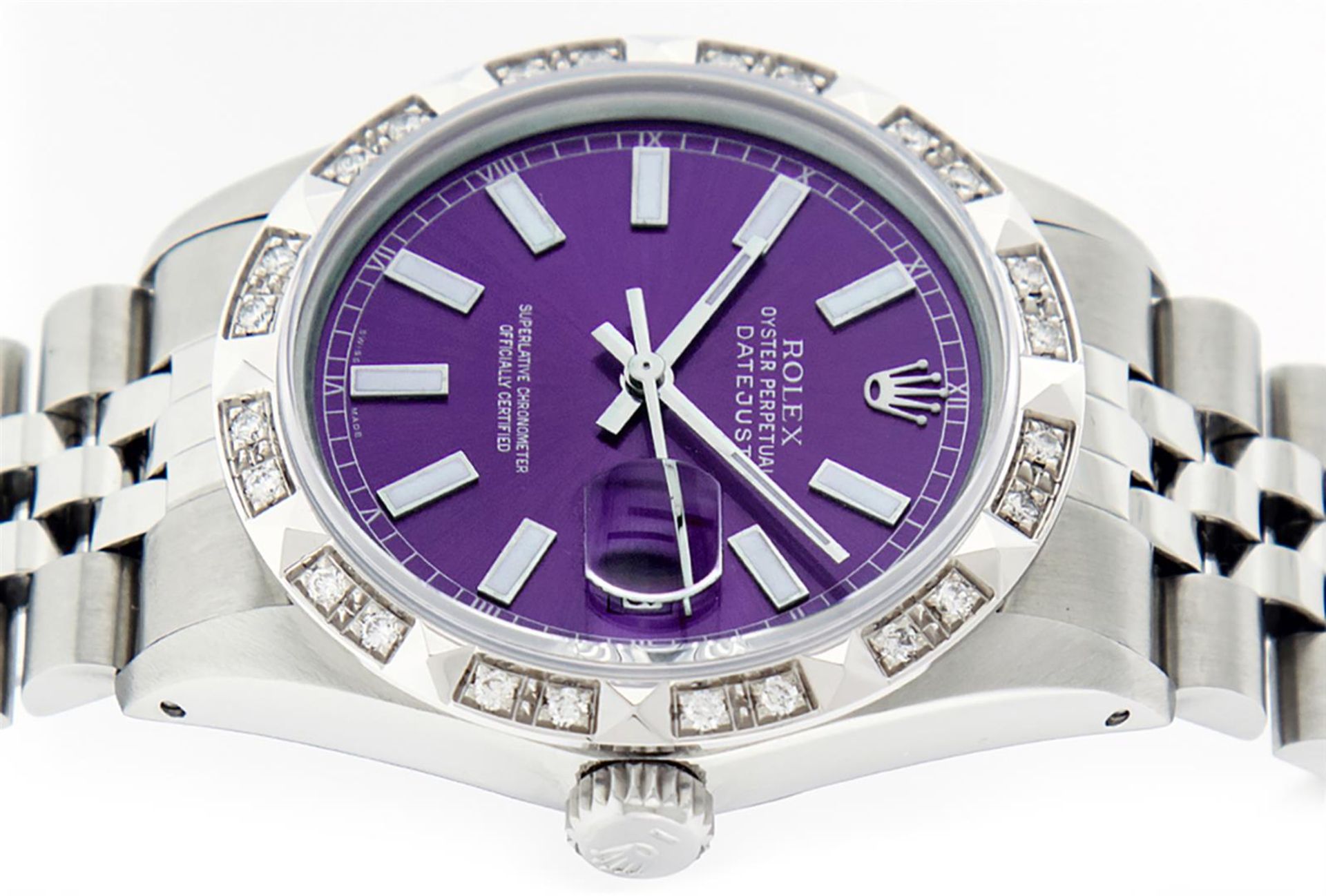 Rolex Mens Stainless Steel 36MM Purple Index Pyramid Diamond Datejust Wristwatch - Image 8 of 9