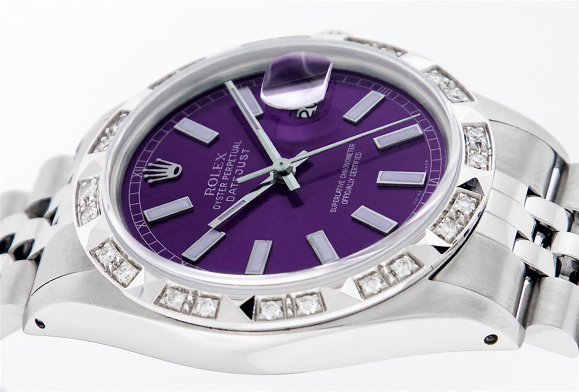 Rolex Mens Stainless Steel 36MM Purple Index Pyramid Diamond Datejust Wristwatch - Image 9 of 9