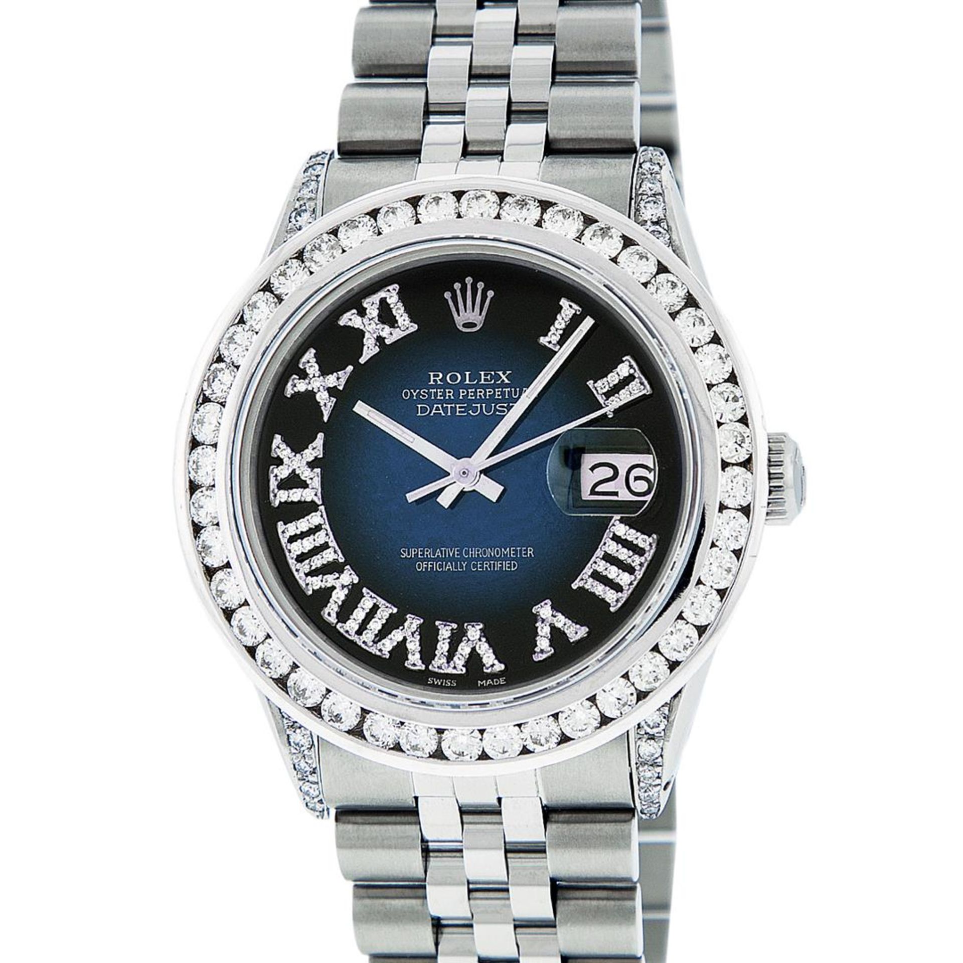 Rolex Mens Stainless Steel Blue Vignette Roman 3ctw Diamond Datejust Wristwatch - Image 3 of 9