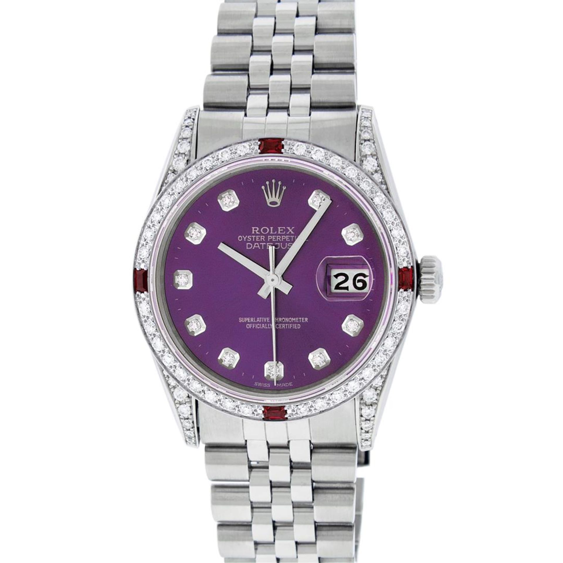 Rolex Mens Stainless Steel Diamond Lugs Purple Diamond & Ruby Datejust Wristwatc - Image 2 of 9