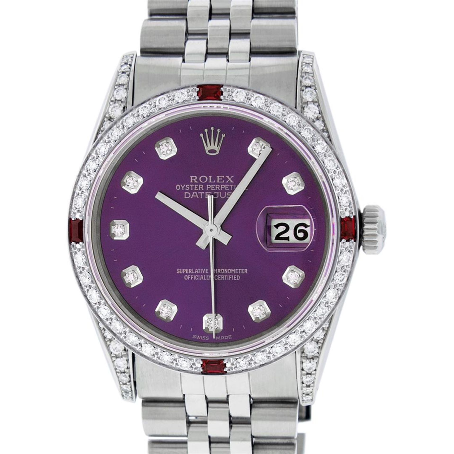 Rolex Mens Stainless Steel Diamond Lugs Purple Diamond & Ruby Datejust Wristwatc