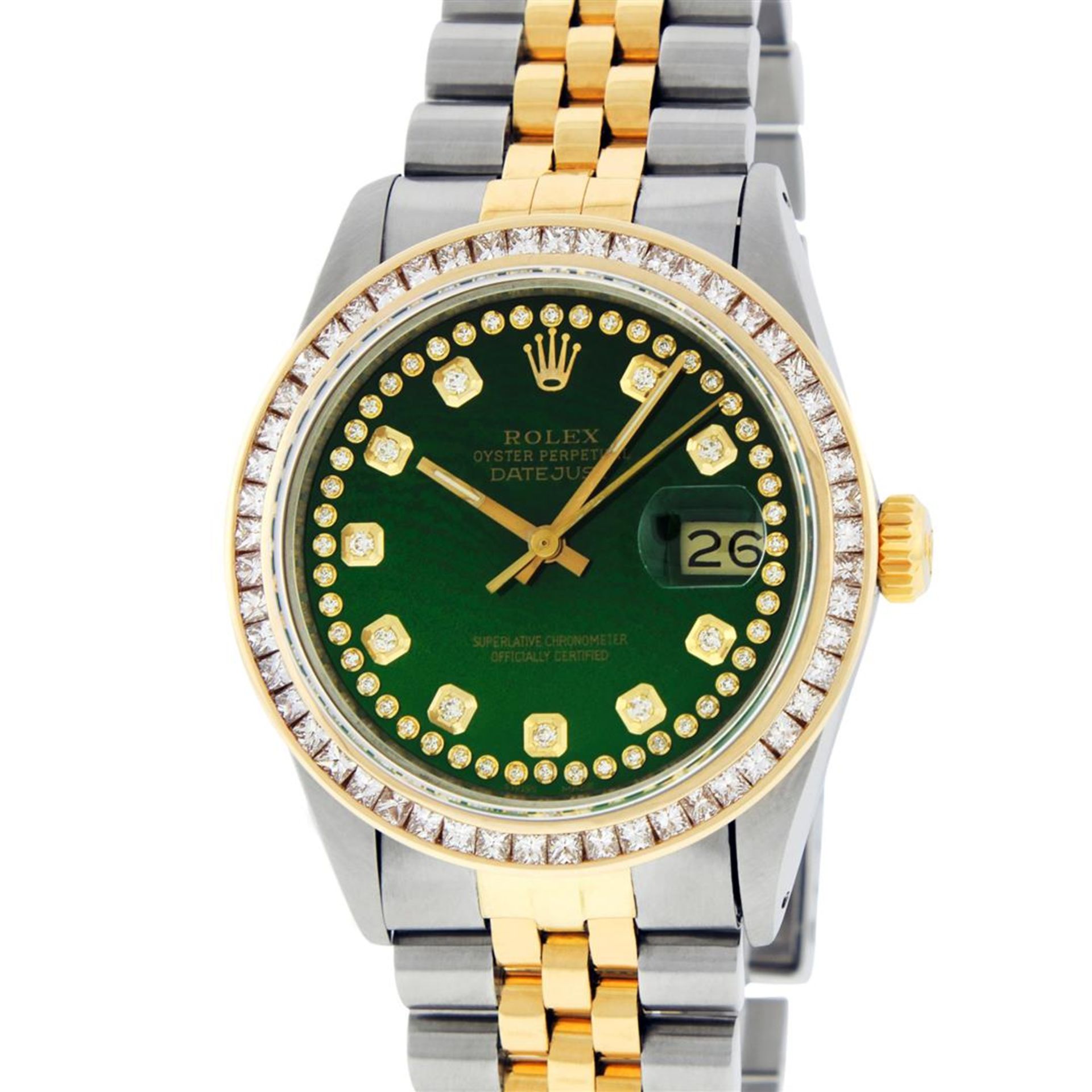 Rolex Mens 2 Tone Green Vignette Princess Cut Diamond Datejust Wristwatch - Image 4 of 9