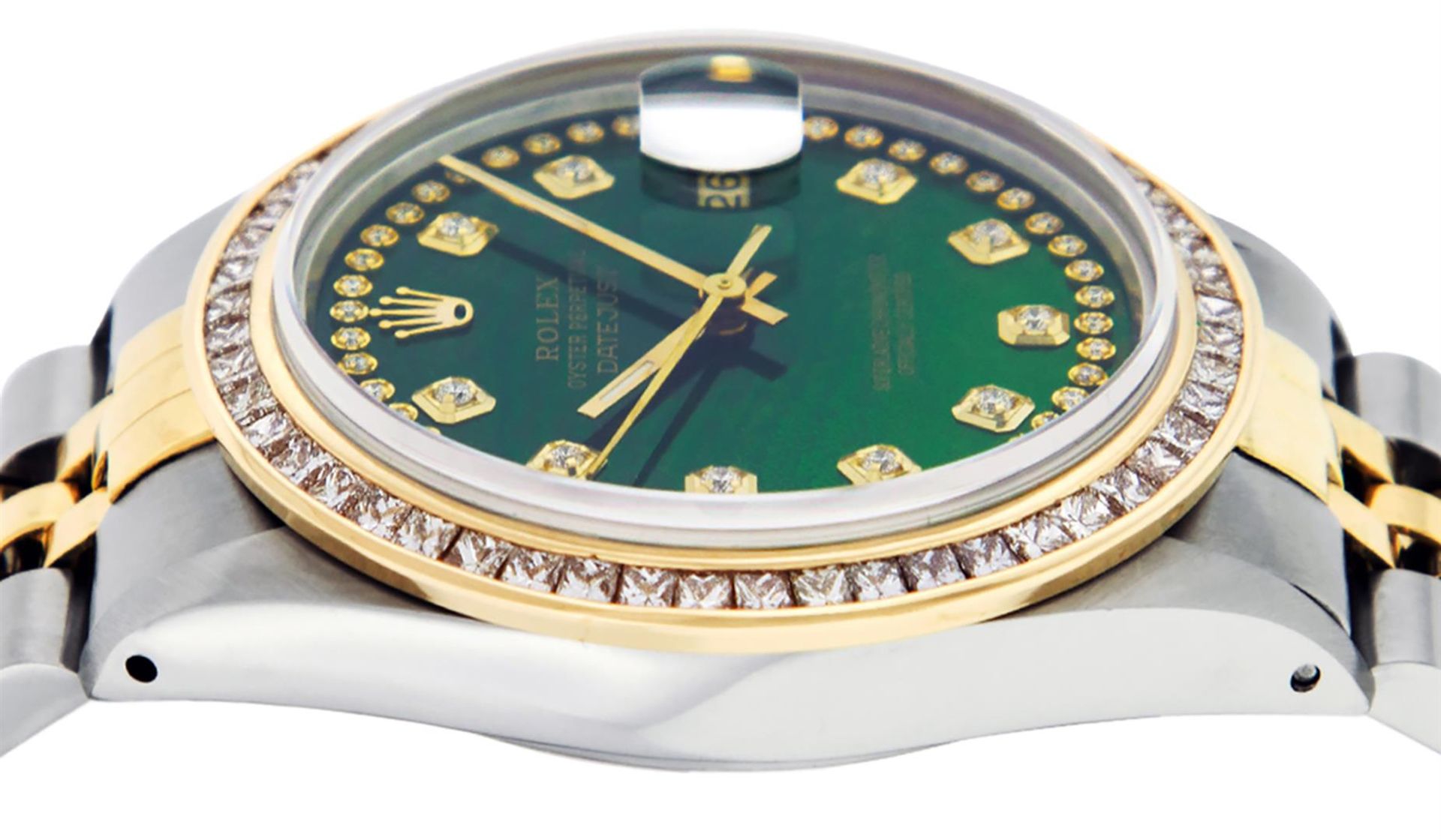 Rolex Mens 2 Tone Green Vignette Princess Cut Diamond Datejust Wristwatch - Image 3 of 9