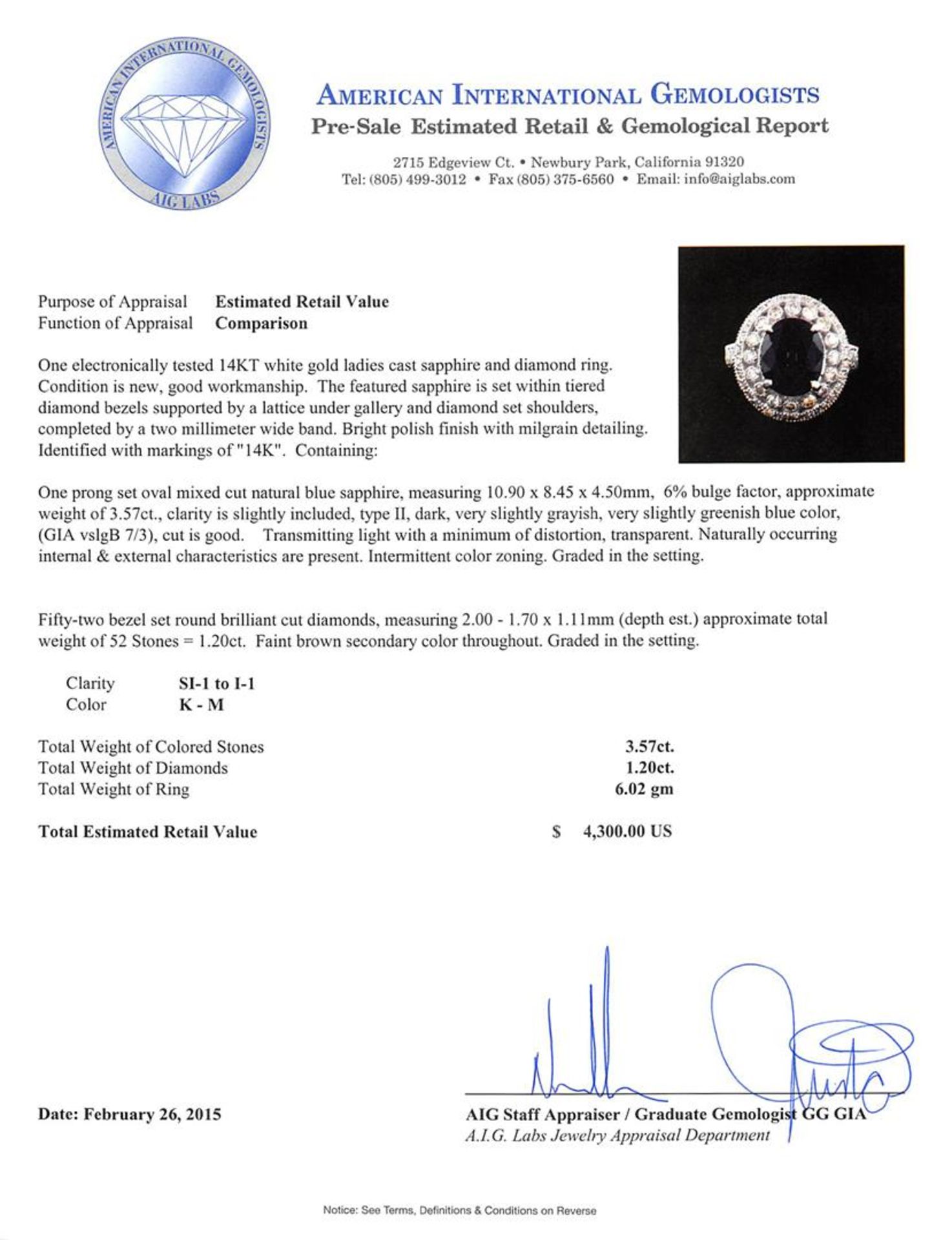 14KT White Gold 3.57 ctw Sapphire and Diamond Ring - Image 5 of 5