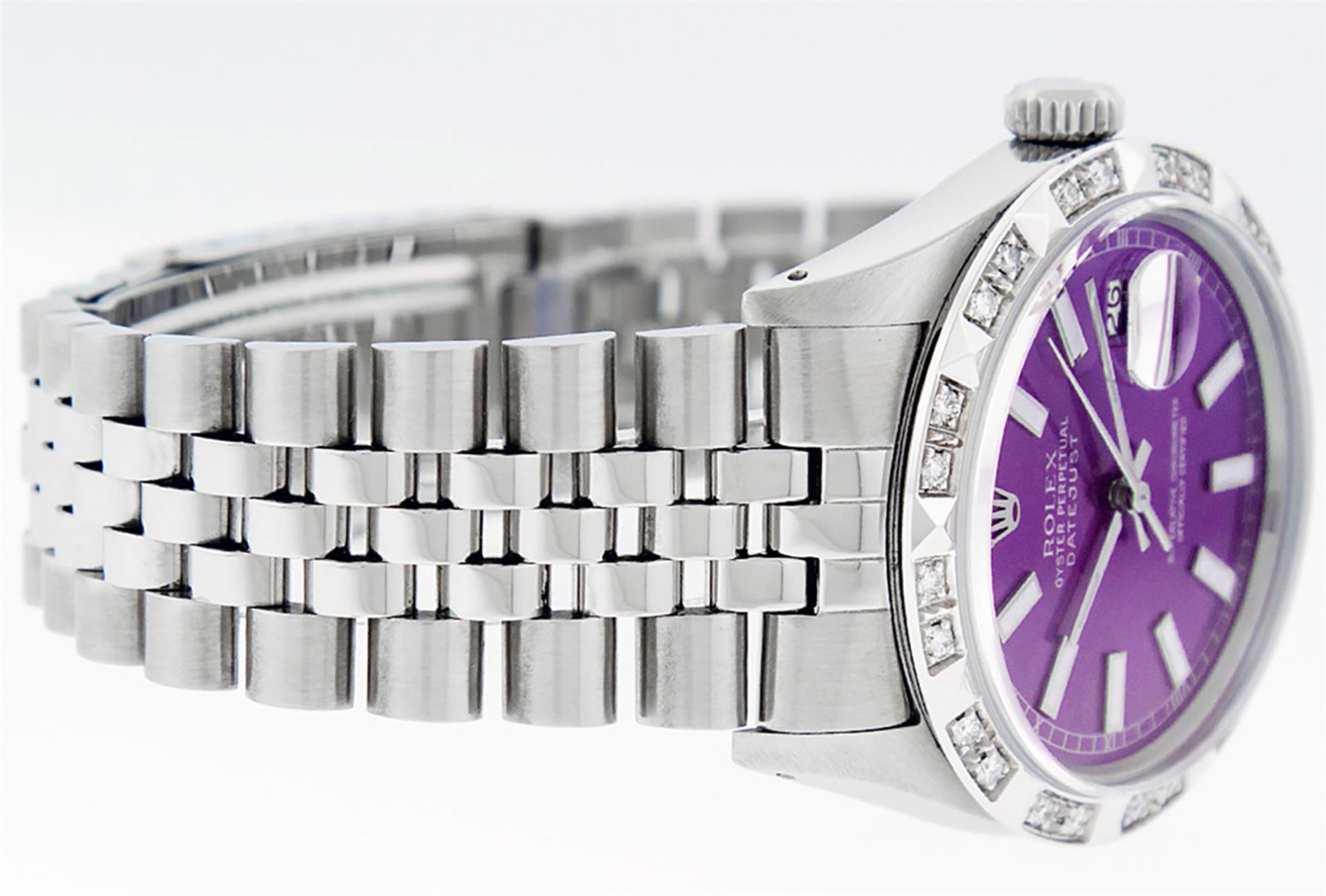 Rolex Mens Stainless Steel 36MM Purple Index Pyramid Diamond Datejust Wristwatch - Image 3 of 9