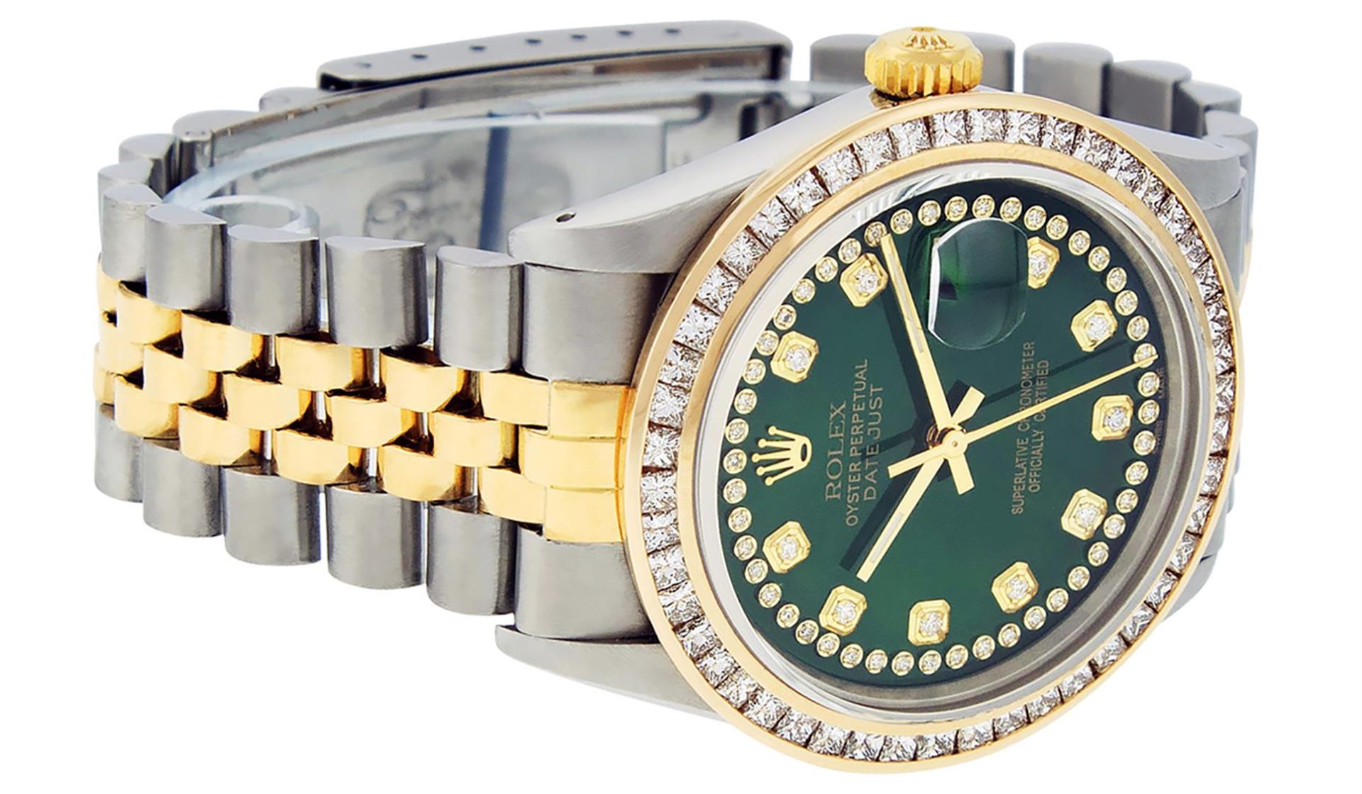 Rolex Mens 2 Tone Green Vignette Princess Cut Diamond Datejust Wristwatch - Image 5 of 9