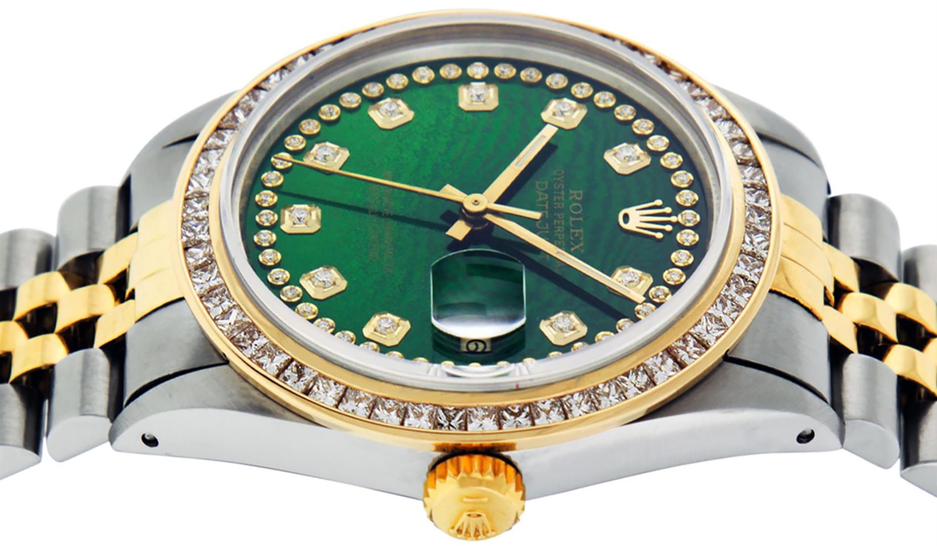 Rolex Mens 2 Tone Green Vignette Princess Cut Diamond Datejust Wristwatch - Image 2 of 9
