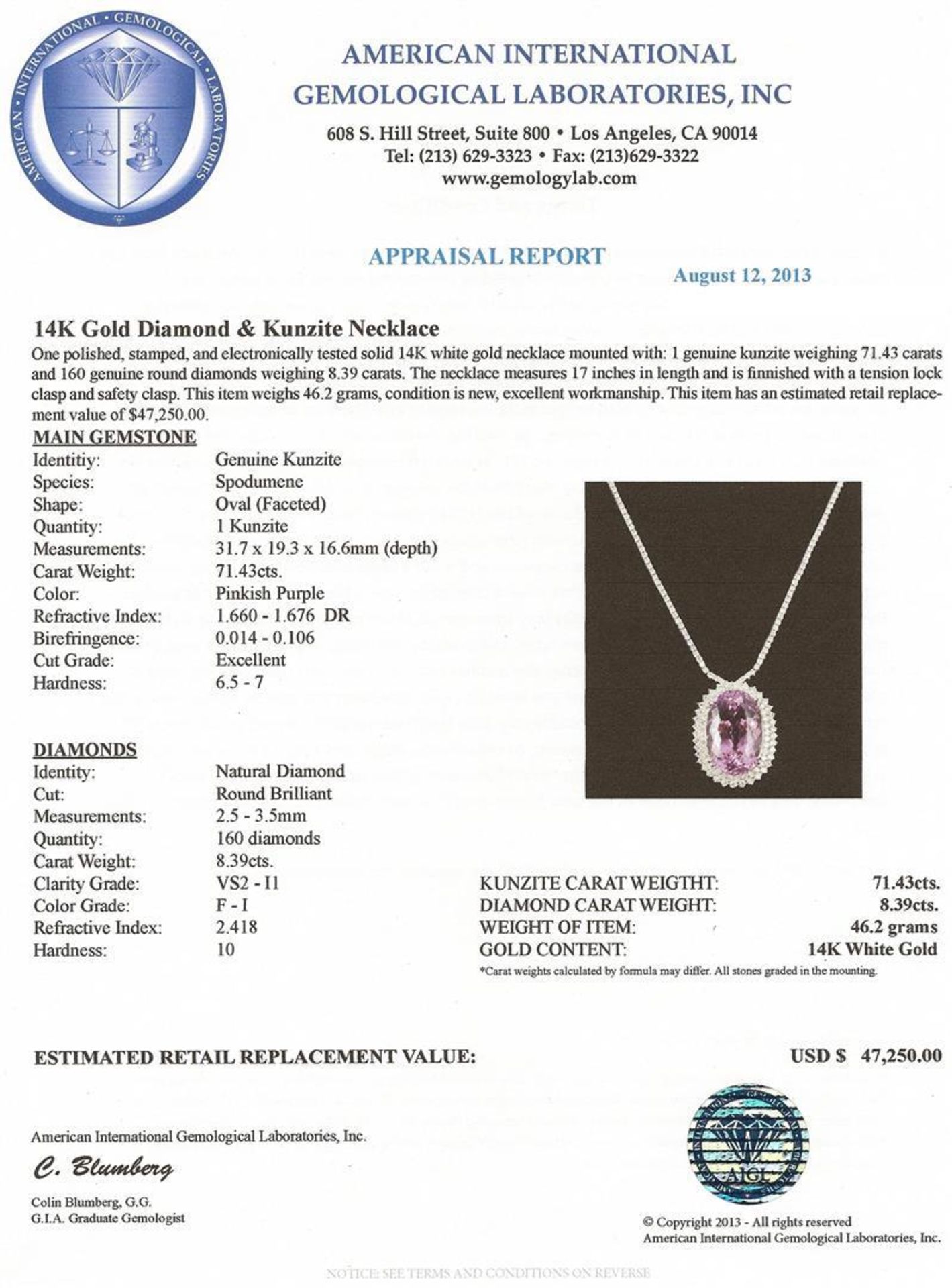 14KT White Gold 71.43 ctw Kunzite and Diamond Necklace - Image 3 of 3