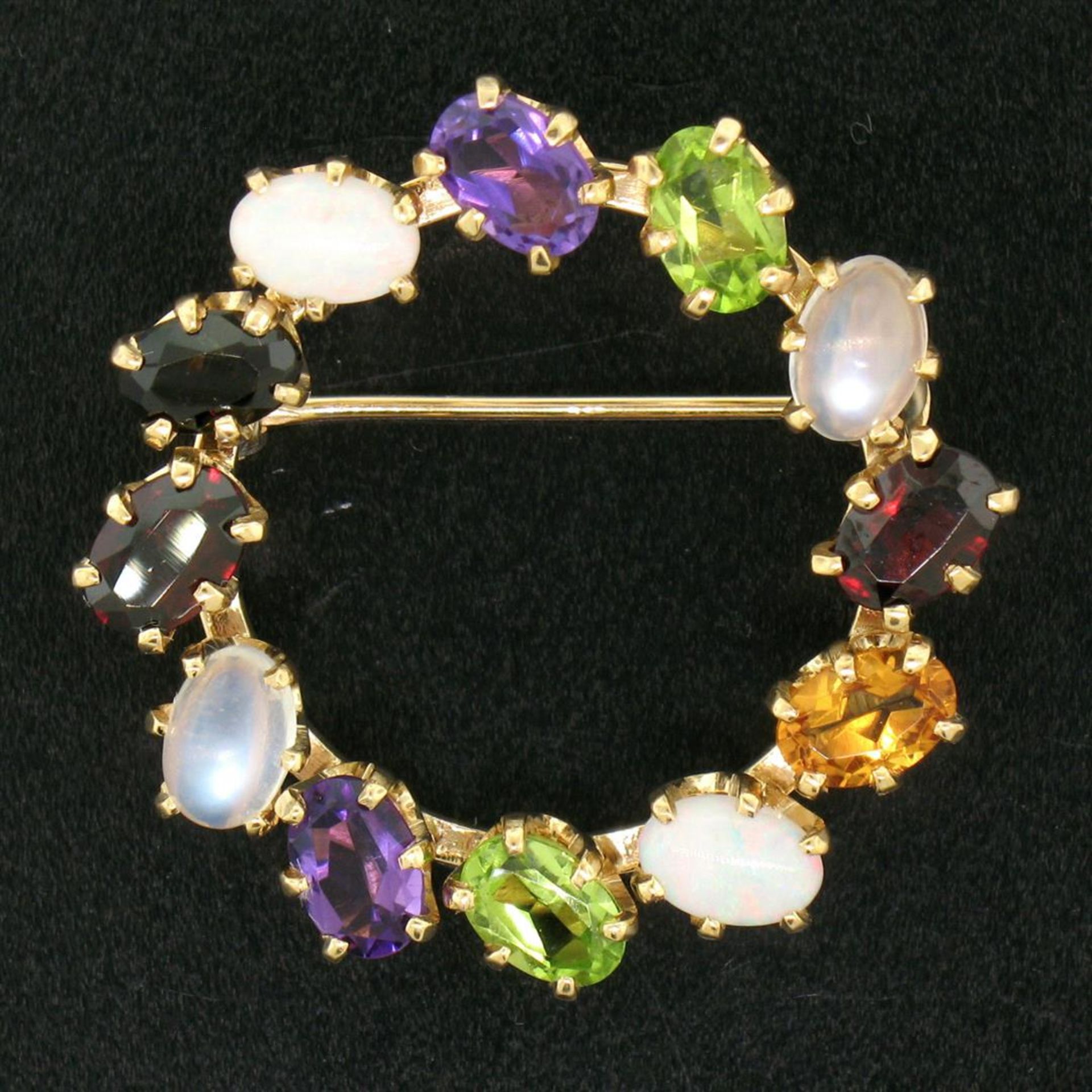 14k Yellow Gold 5.18 ctw Wreath Brooch w/ Amethyst Garnet Moonstone Peridot Opal - Image 5 of 8