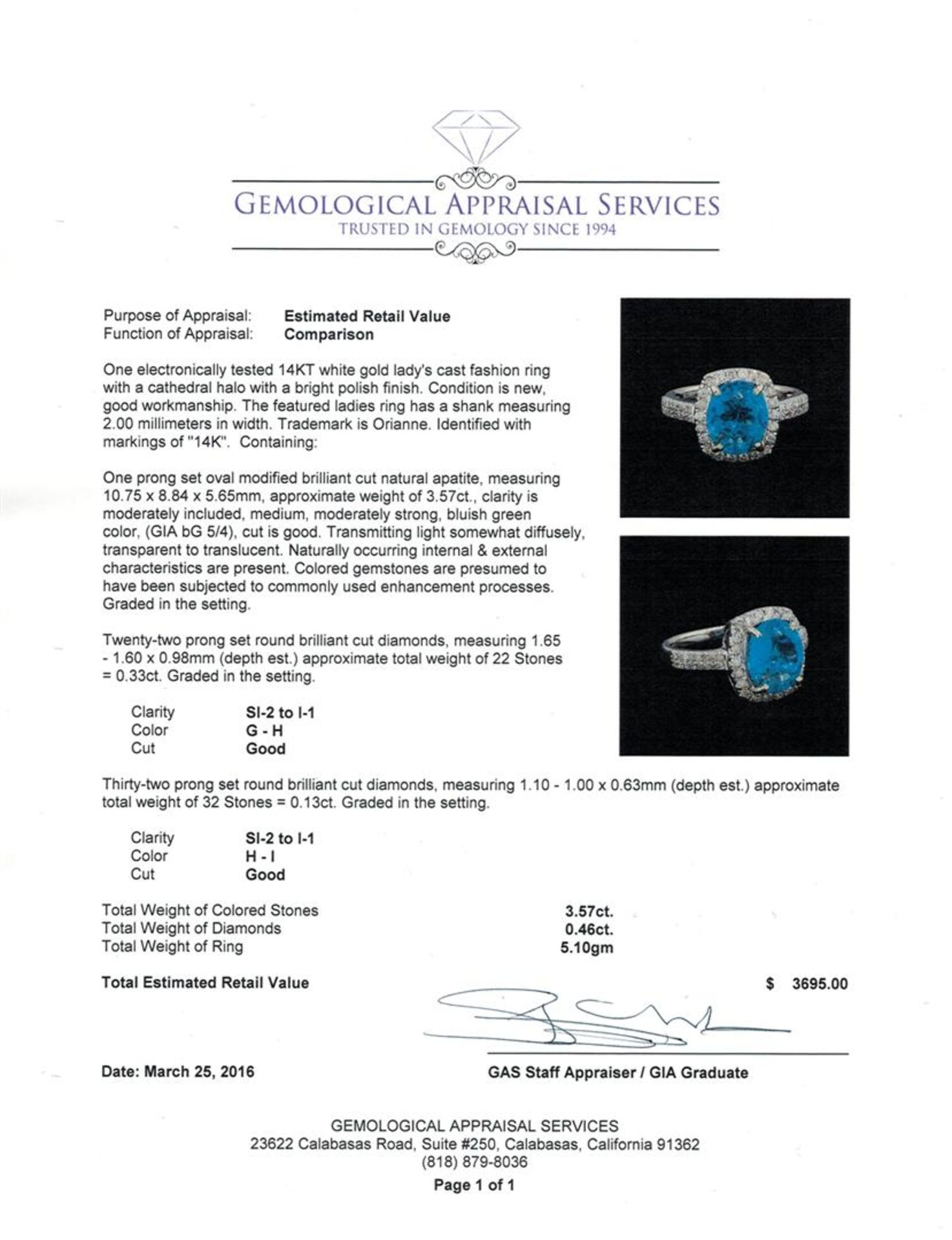 3.57 ctw Apatite and Diamond Ring - 14KT White Gold - Image 5 of 5