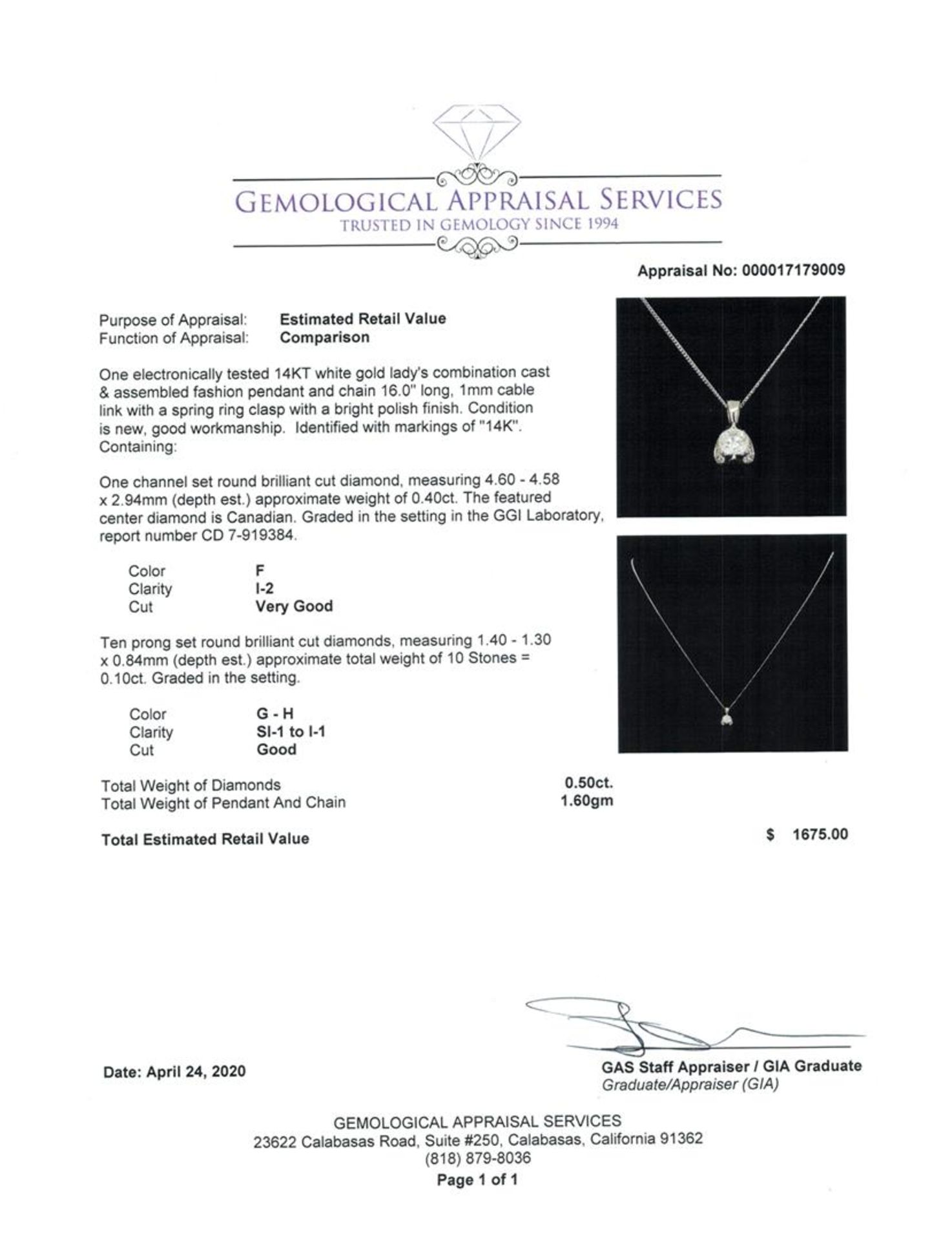 0.50 ctw Diamond Pendant And Chain - 14KT White Gold - Image 3 of 3