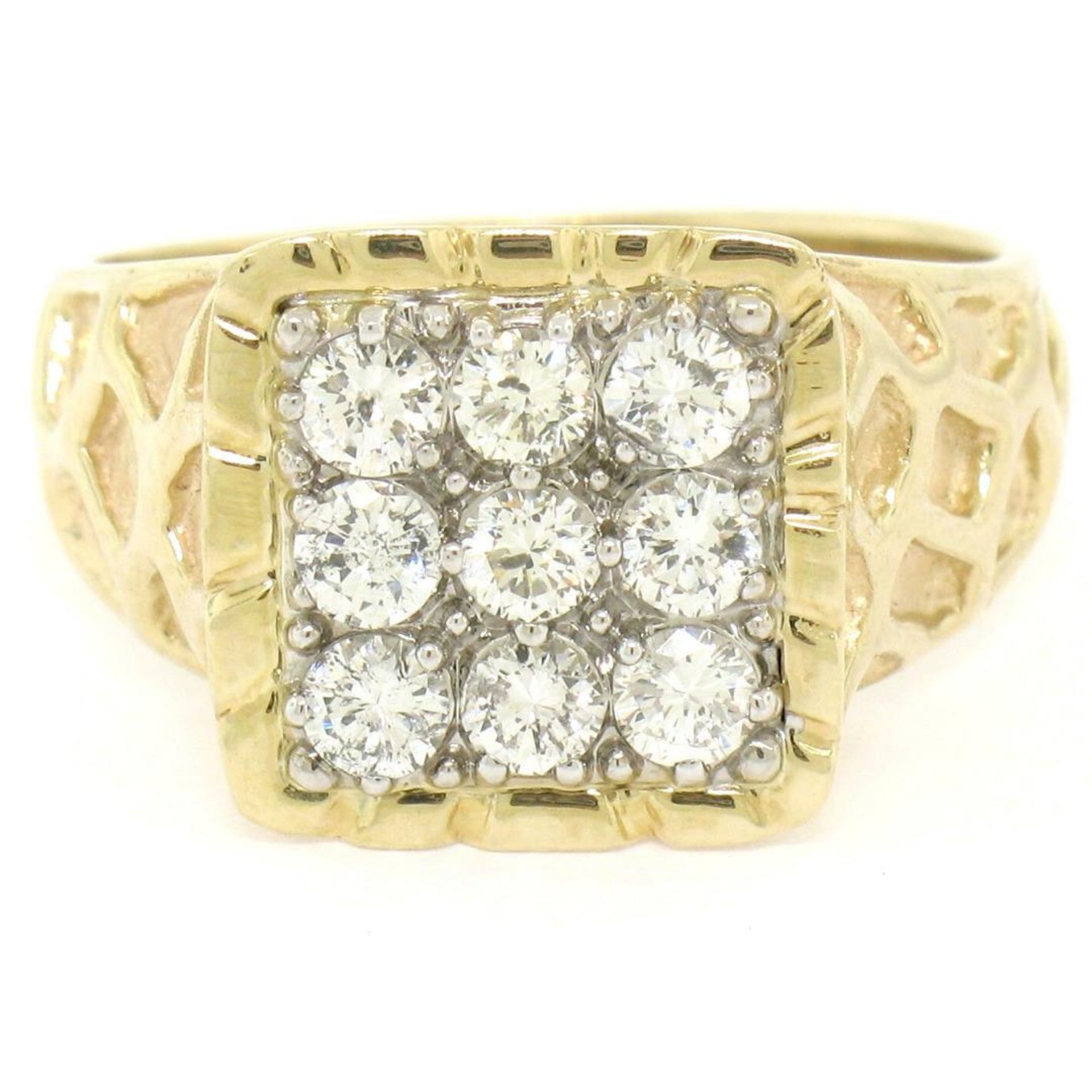 Mens 14K Two Tone Gold Nugget Design .90 ctw Round BRILLIANT Diamond Cluster Rin