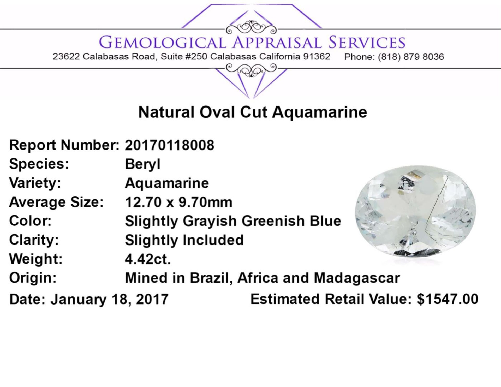 4.42ct.Natural Oval Cut Aquamarine - Image 2 of 2