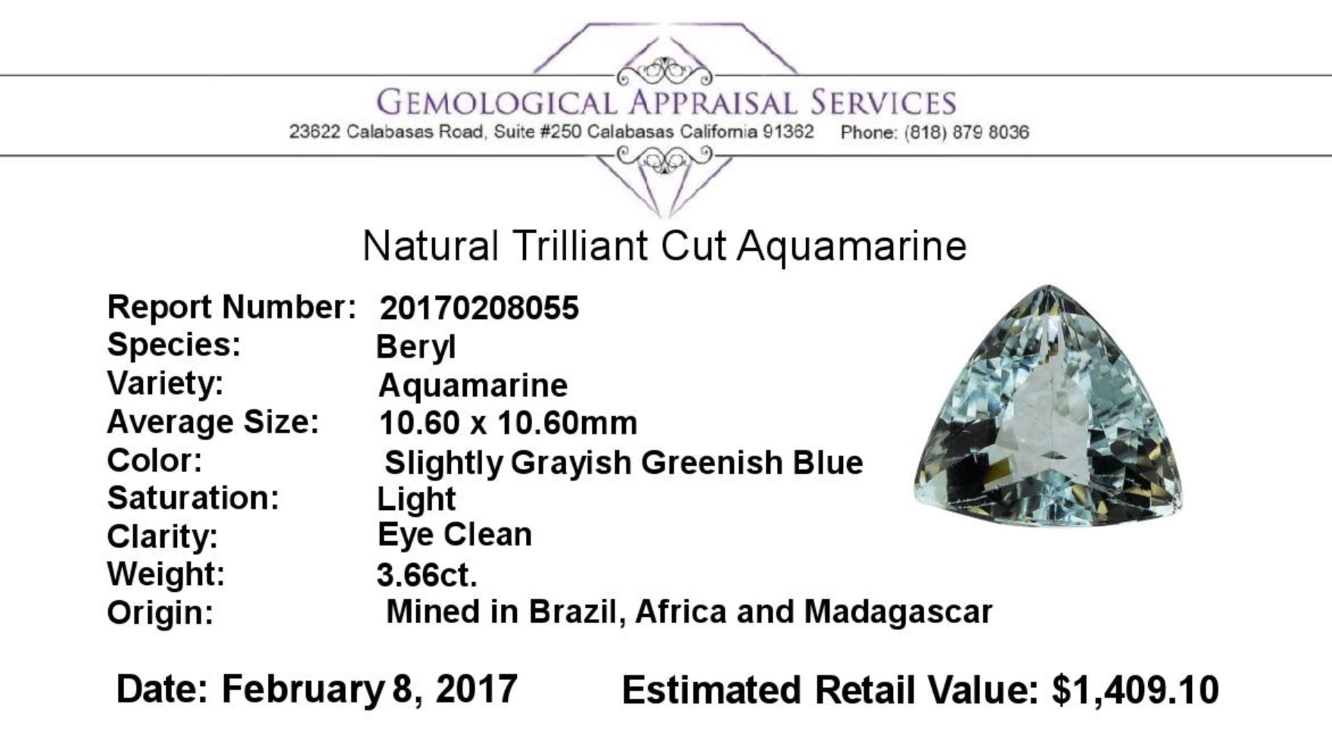 3.66ct.Natural Trilliant Cut Aquamarine - Image 2 of 2