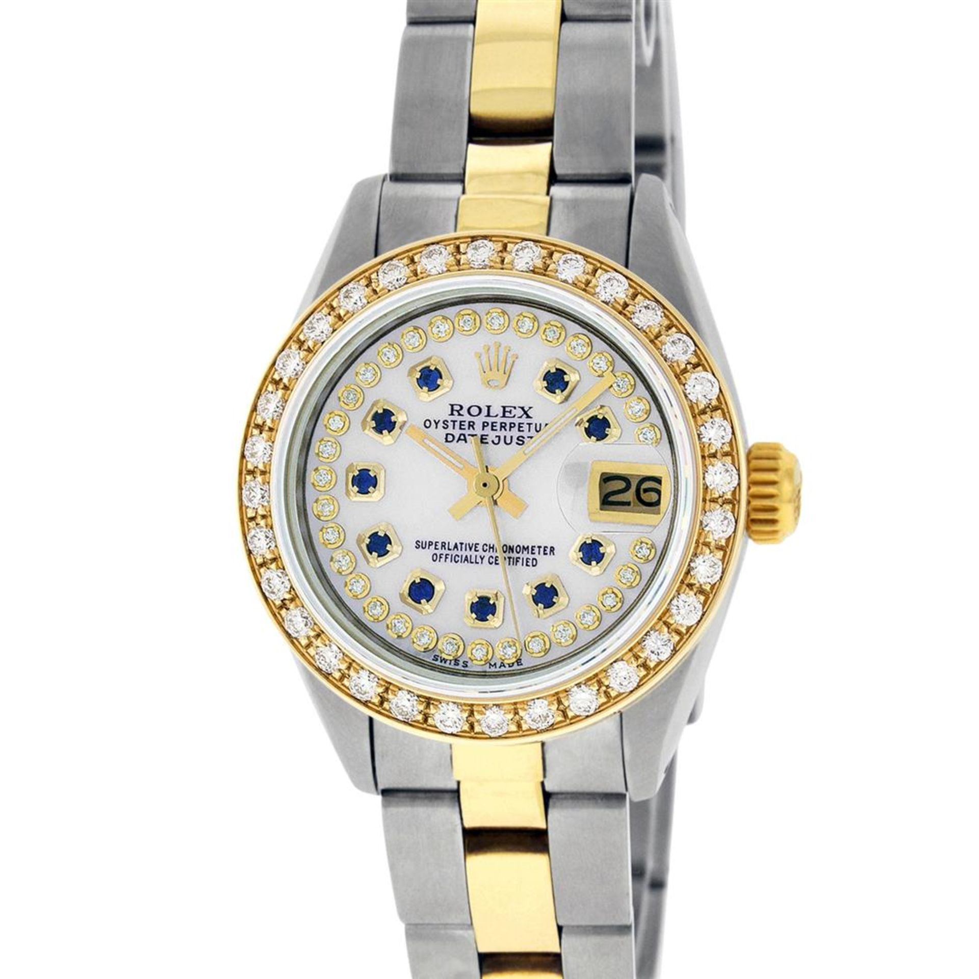 Rolex Ladies 2 Tone MOP Sapphire String Diamond Oyster Perpetual Datejust Wristw - Image 2 of 9