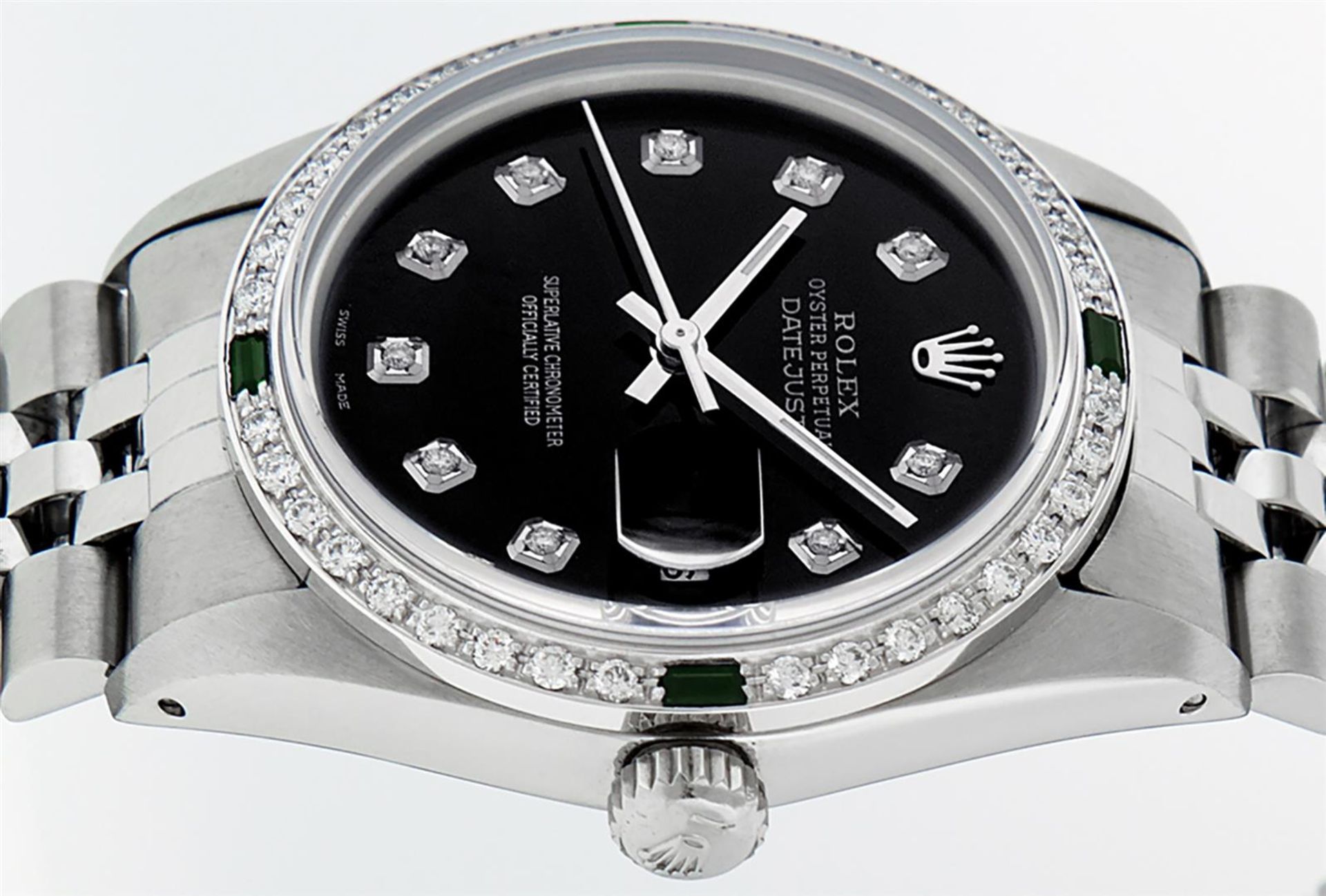 Rolex Mens Stainless Steel Black Diamond & Emerald Oyster Perpetual Datejust Wri - Image 9 of 9