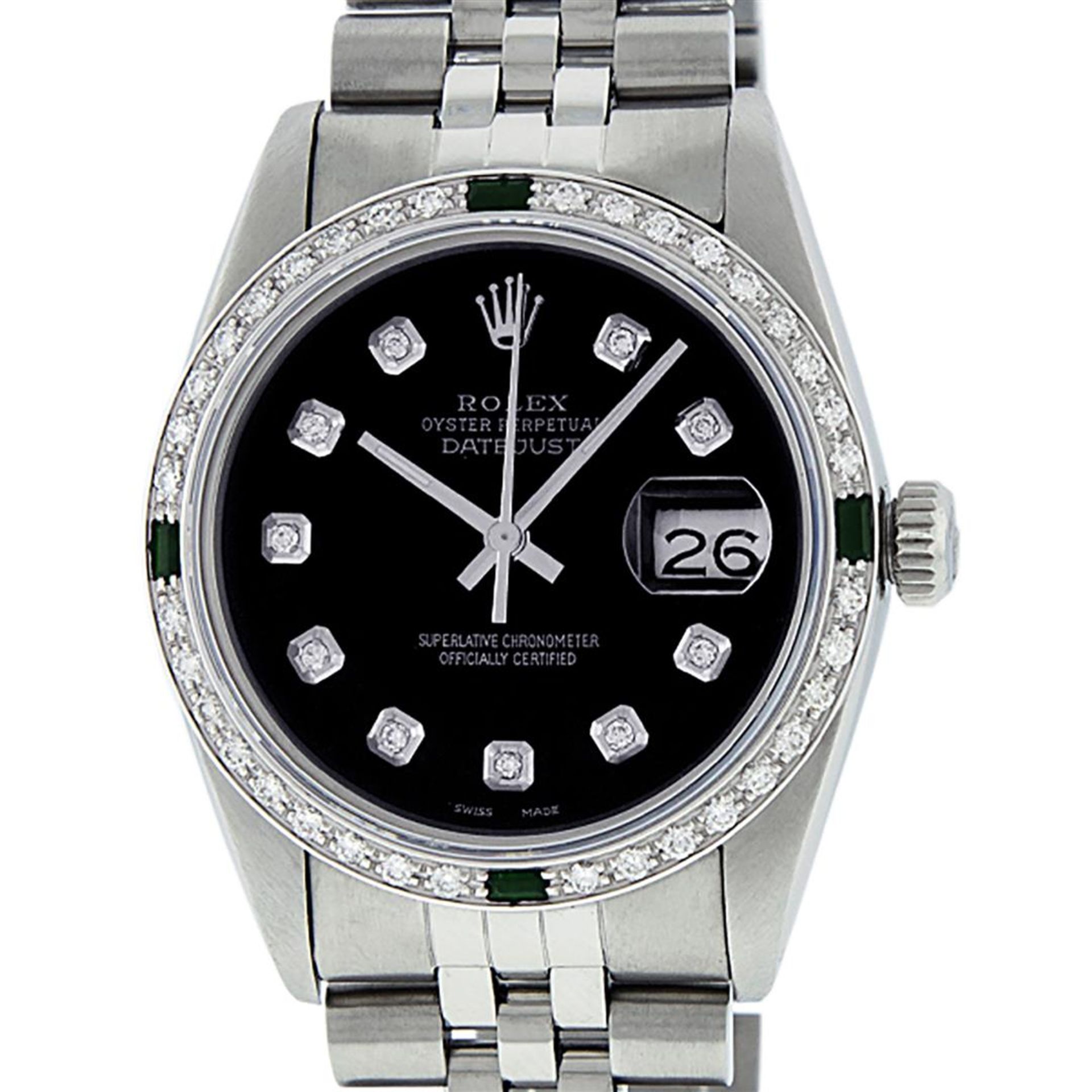 Rolex Mens Stainless Steel Black Diamond & Emerald Oyster Perpetual Datejust Wri - Image 2 of 9