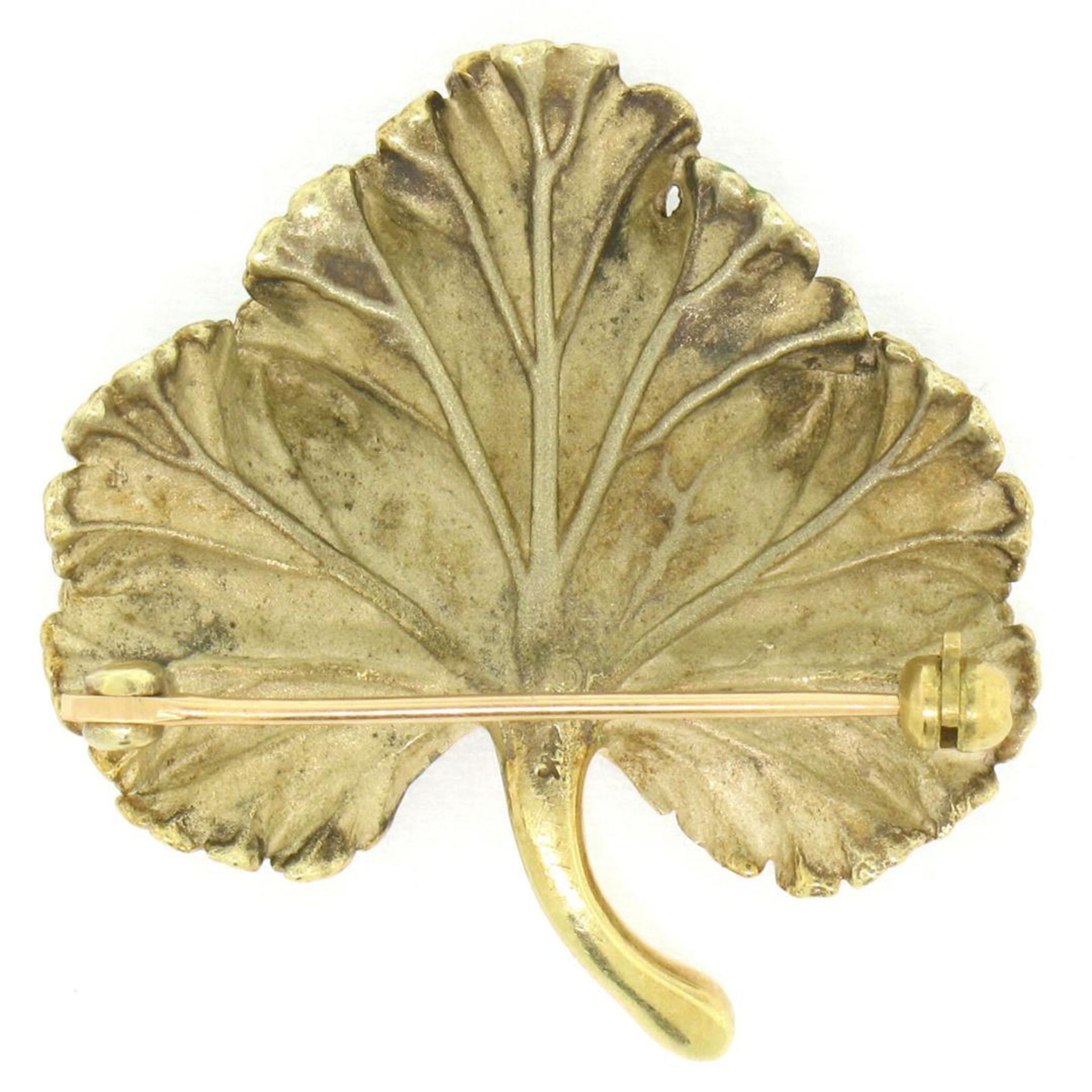 Unique Omega Vintage 14K Yellow Gold Green Enamel & Diamond Detailed Leaf Brooch - Image 4 of 8