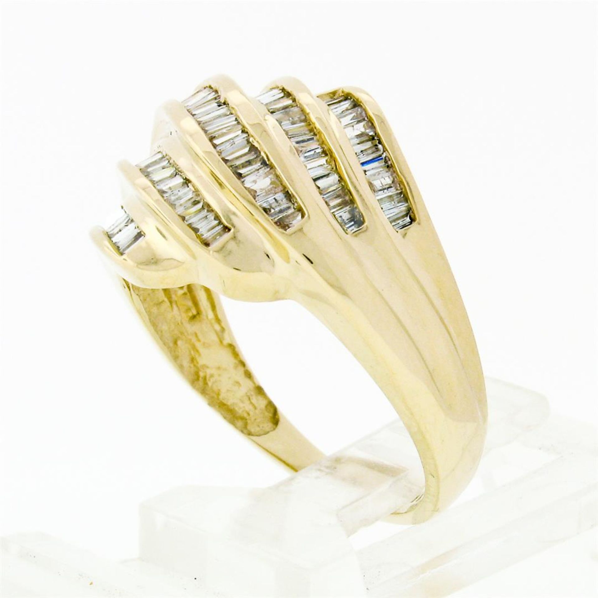 14k Yellow Gold 1.15ctw 5 Channel Baguette Diamond Wide Tiered Swirl Band Ring - Image 5 of 9