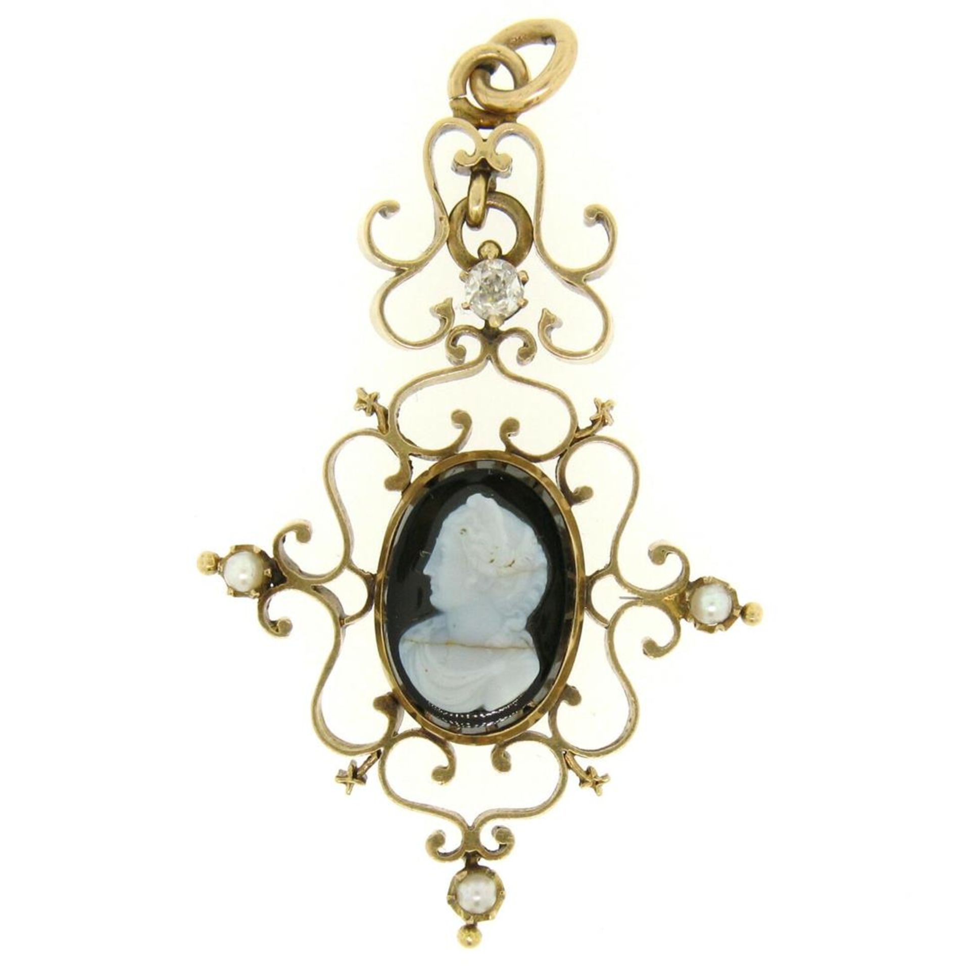 Antique Victorian 14kt Yellow Gold Cameo and Diamond Open Work Locket Pendant - Image 2 of 7