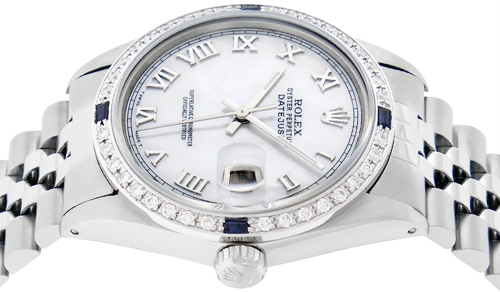 Rolex Mens Stainless Steel MOP Roman 36MM Diamond & Sapphire Datejust Wristwatch - Image 9 of 9