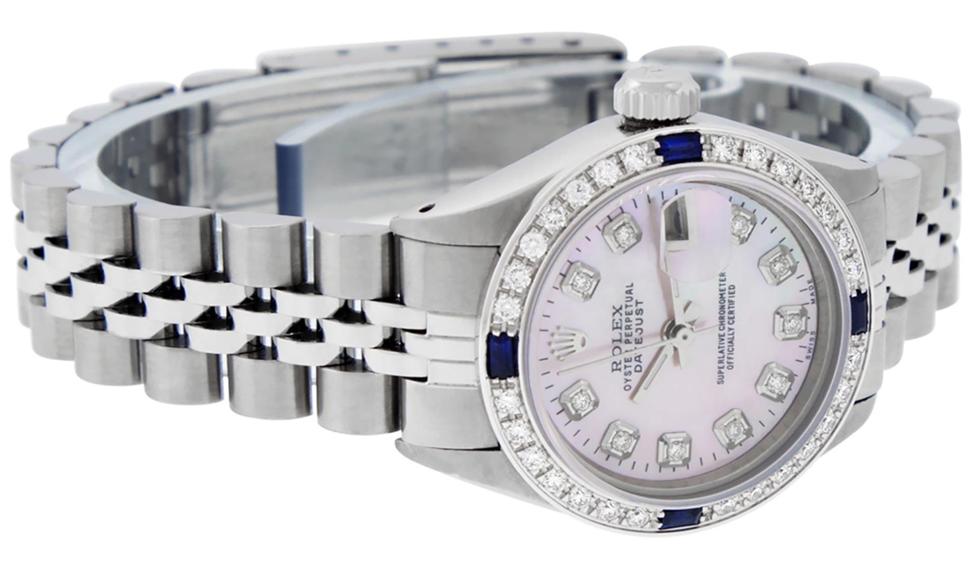 Rolex Ladies Stainless Steel Pink MOP Diamond & Sapphire 26MM Datejust - Image 9 of 9