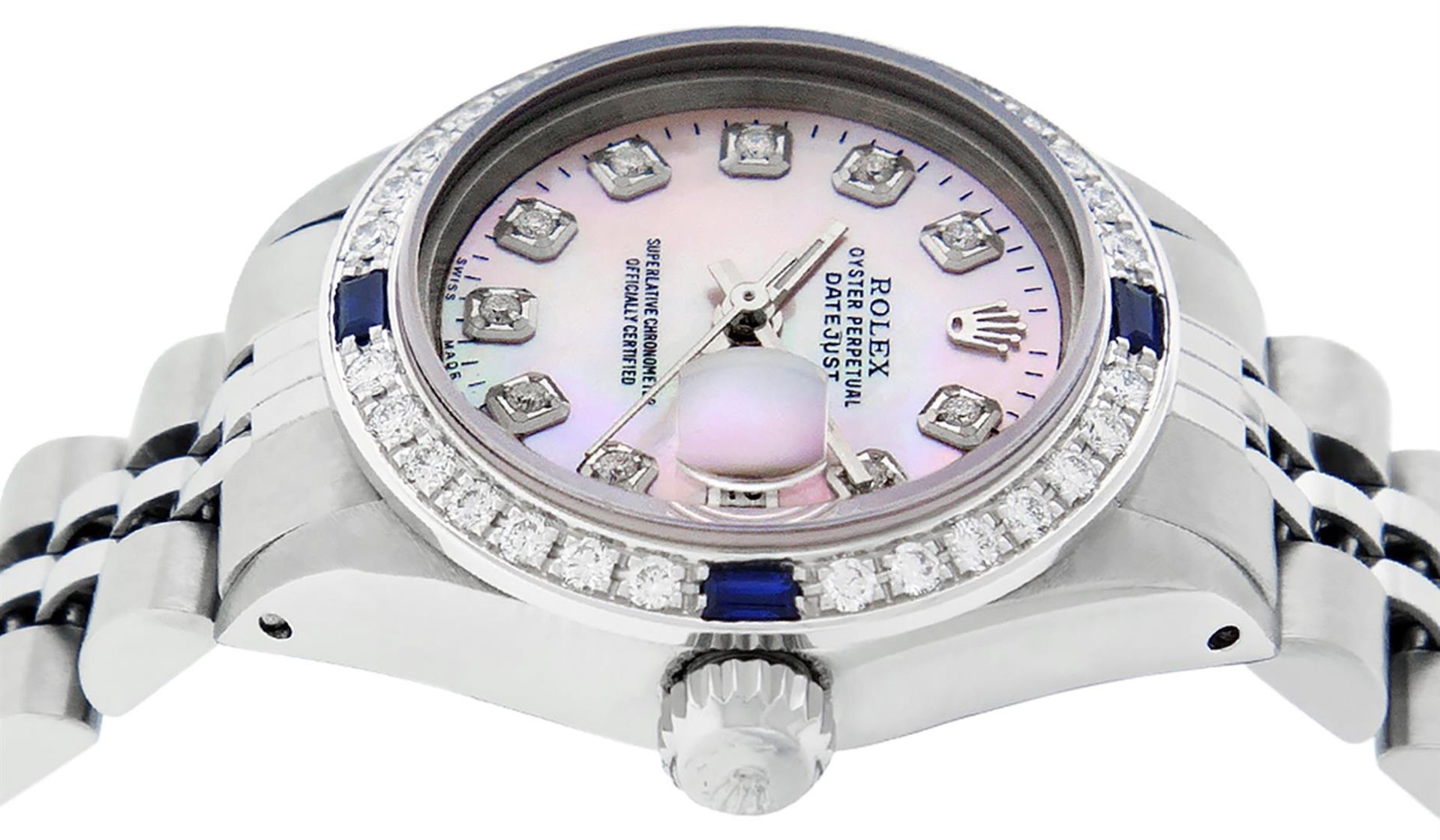 Rolex Ladies Stainless Steel Pink MOP Diamond & Sapphire 26MM Datejust - Image 3 of 9
