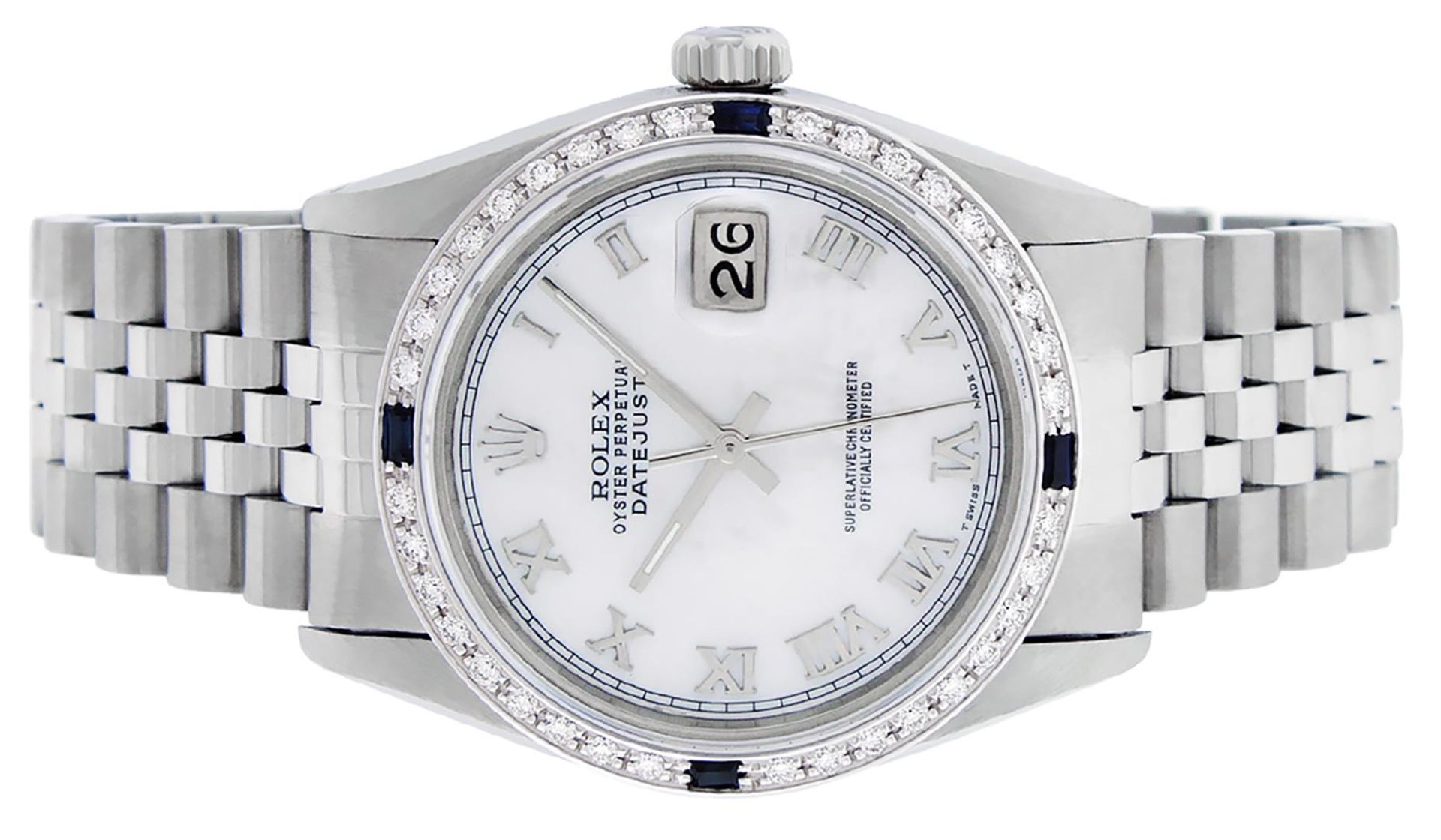 Rolex Mens Stainless Steel MOP Roman 36MM Diamond & Sapphire Datejust Wristwatch - Image 8 of 9