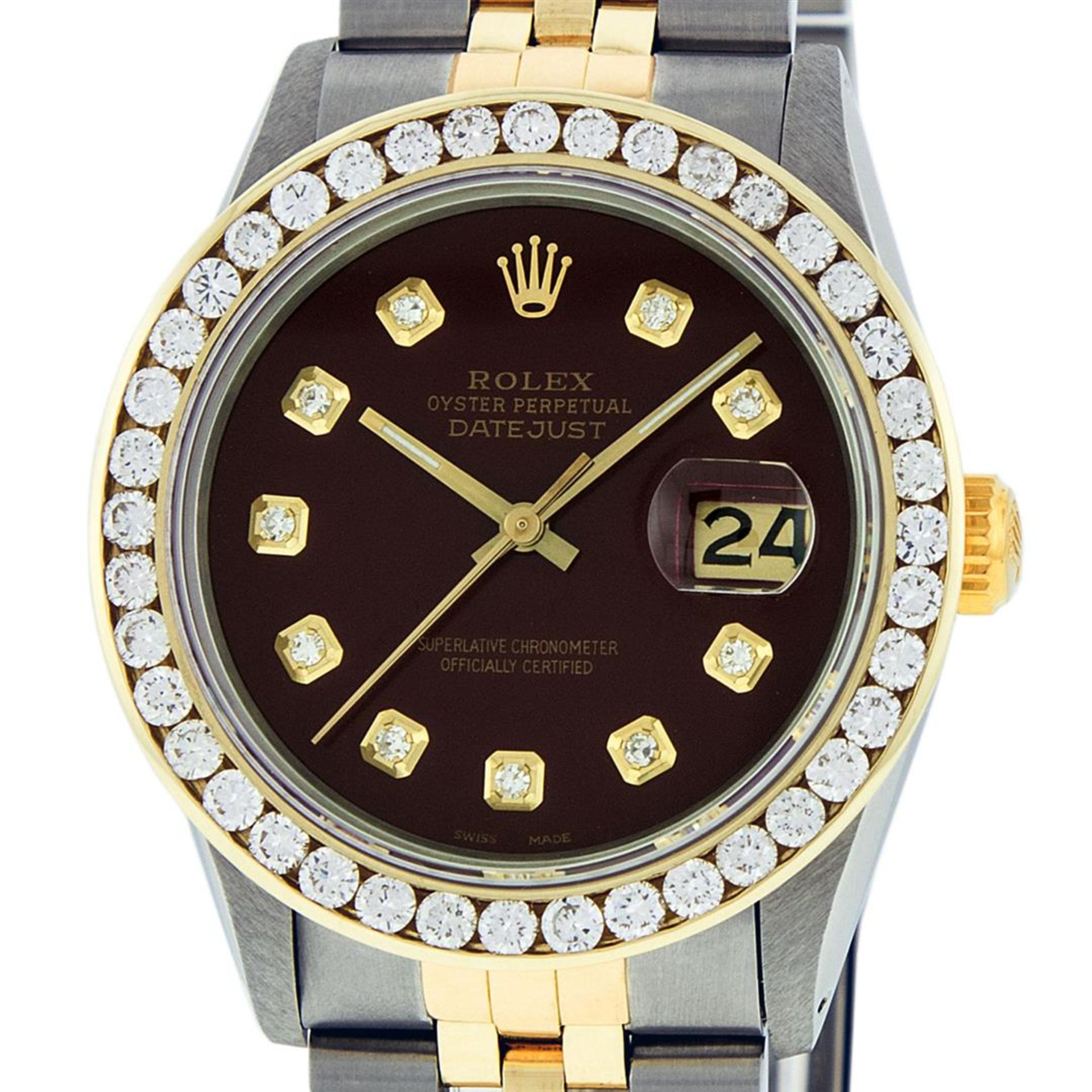 Rolex Mens 2 Tone Maroon VS 3ctw Channel Set Diamond Datejust Wristwatch
