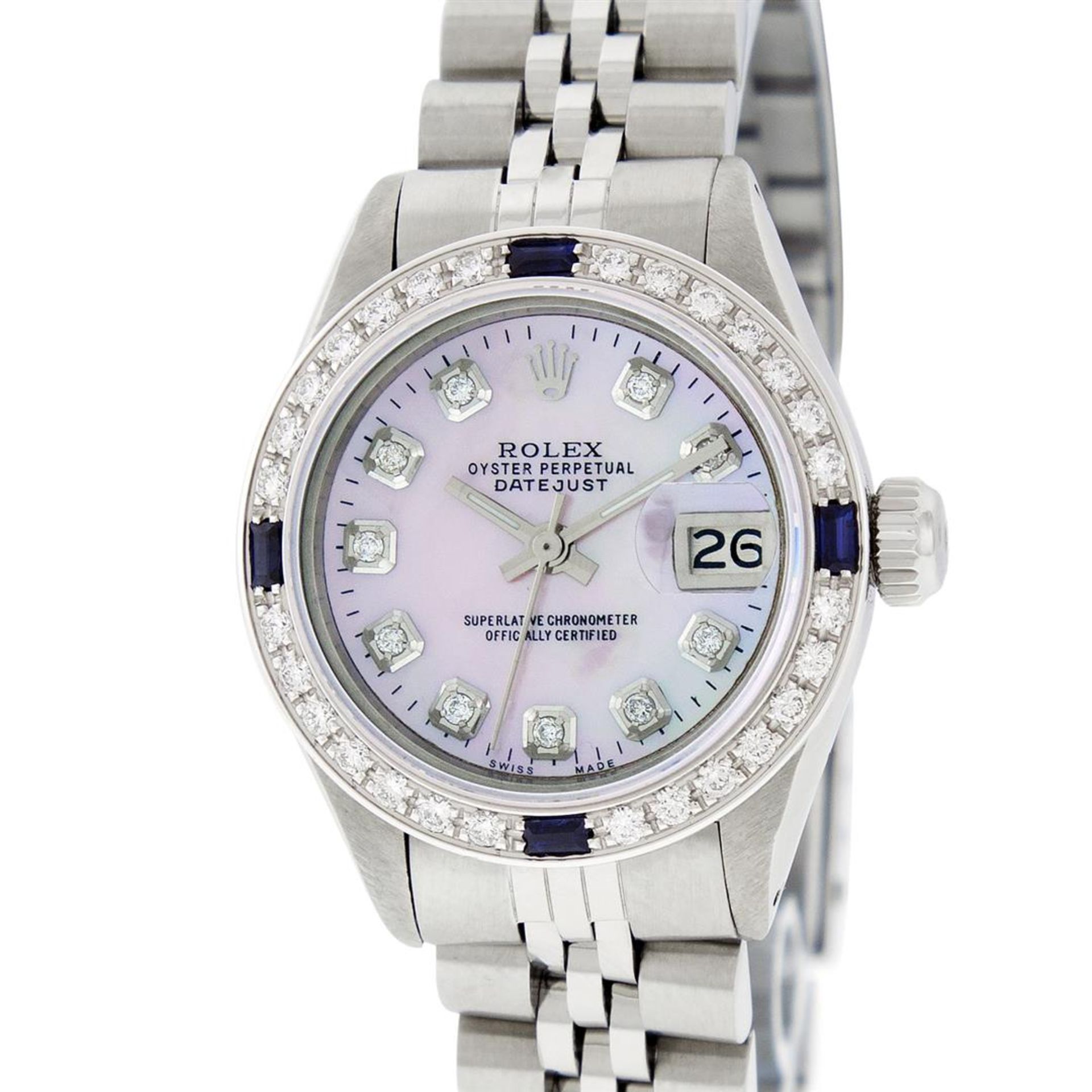 Rolex Ladies Stainless Steel Pink MOP Diamond & Sapphire 26MM Datejust - Image 2 of 9