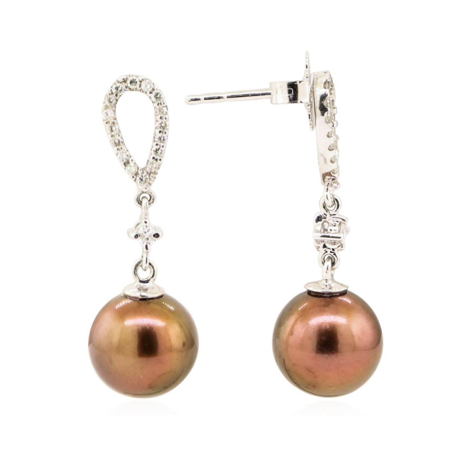 0.30 ctw Diamond and Chocolate Pearl Dangle Earrings - 14KT White Gold - Image 2 of 2