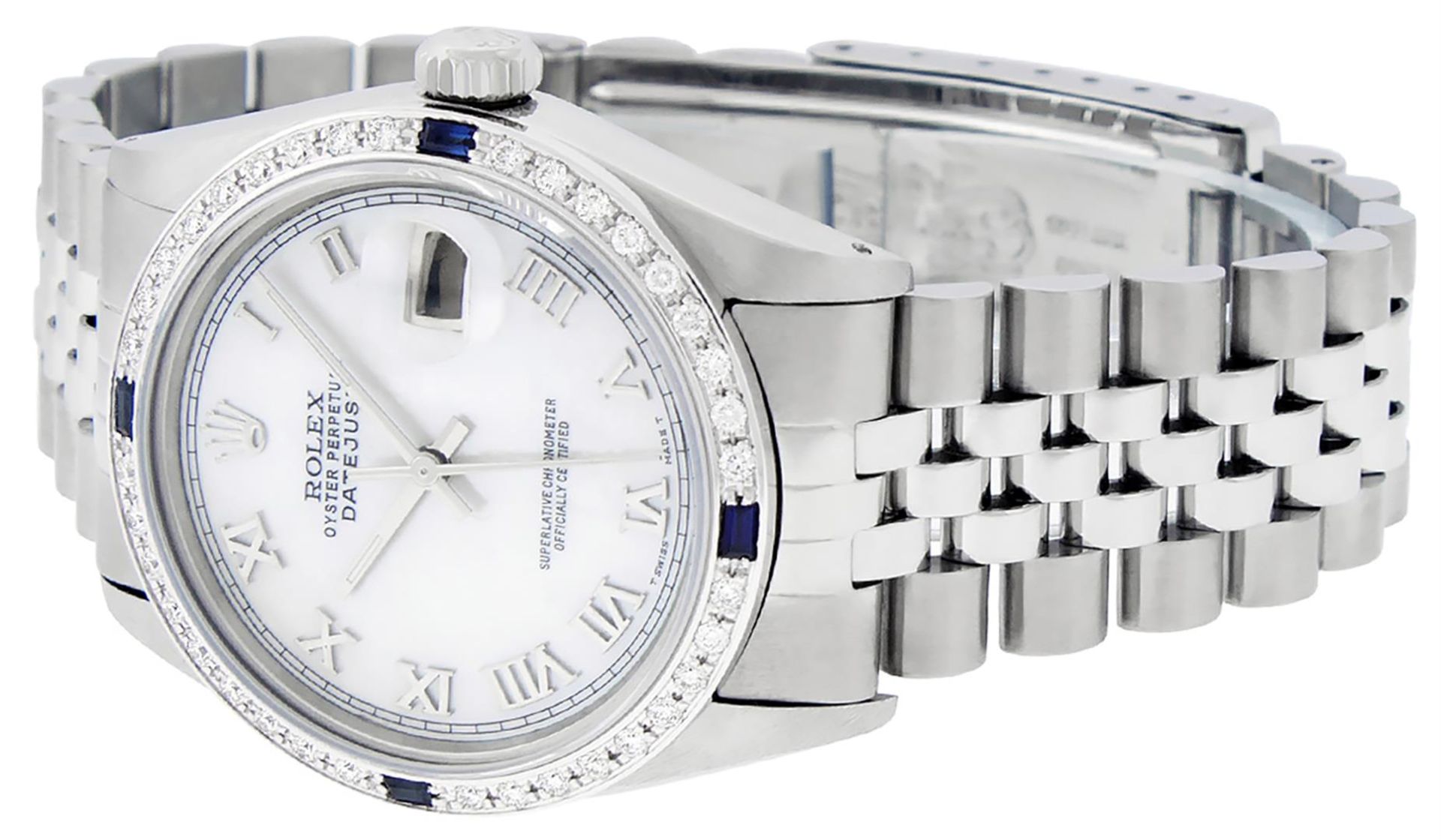 Rolex Mens Stainless Steel MOP Roman 36MM Diamond & Sapphire Datejust Wristwatch - Image 7 of 9