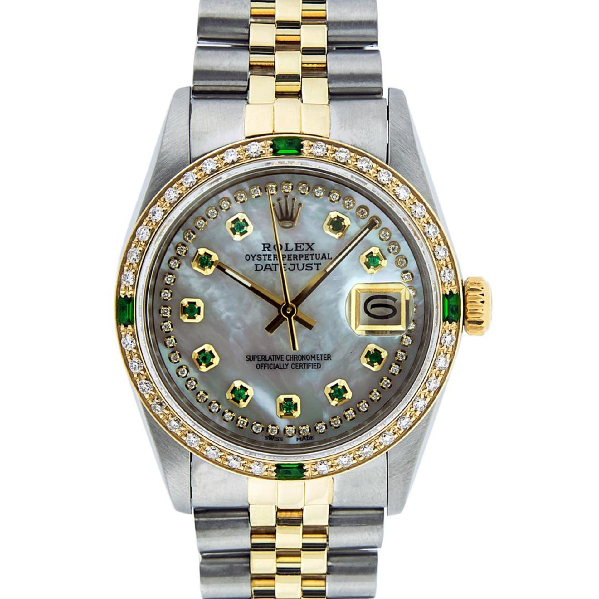 Rolex Mens 2 Tone MOP Emerald String Diamond Datejust Wristwatch