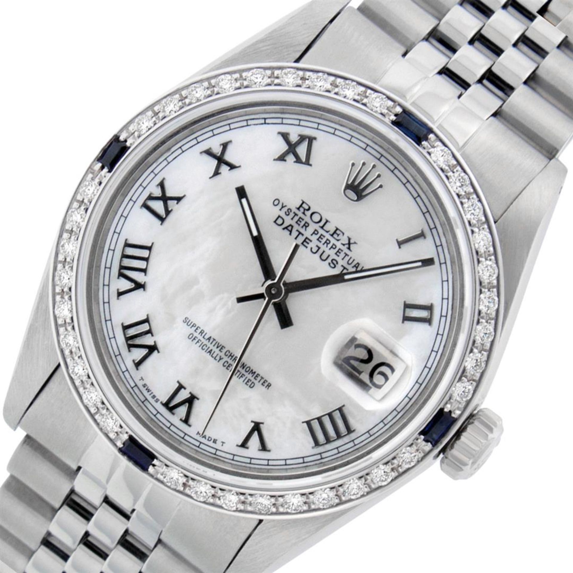 Rolex Mens Stainless Steel MOP Roman 36MM Diamond & Sapphire Datejust Wristwatch - Image 3 of 9
