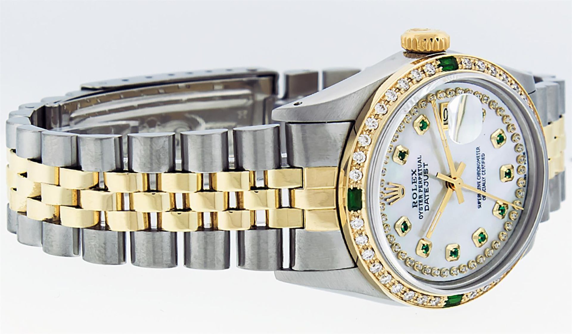 Rolex Mens 2 Tone MOP Emerald String Diamond Datejust Wristwatch - Image 2 of 9