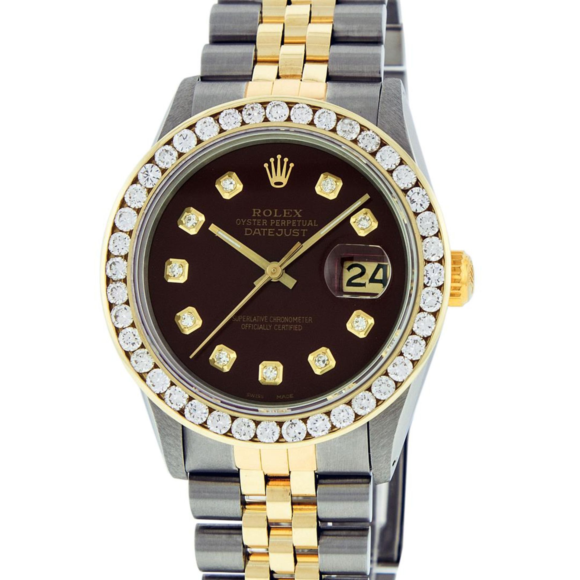 Rolex Mens 2 Tone Maroon VS 3ctw Channel Set Diamond Datejust Wristwatch - Image 2 of 9