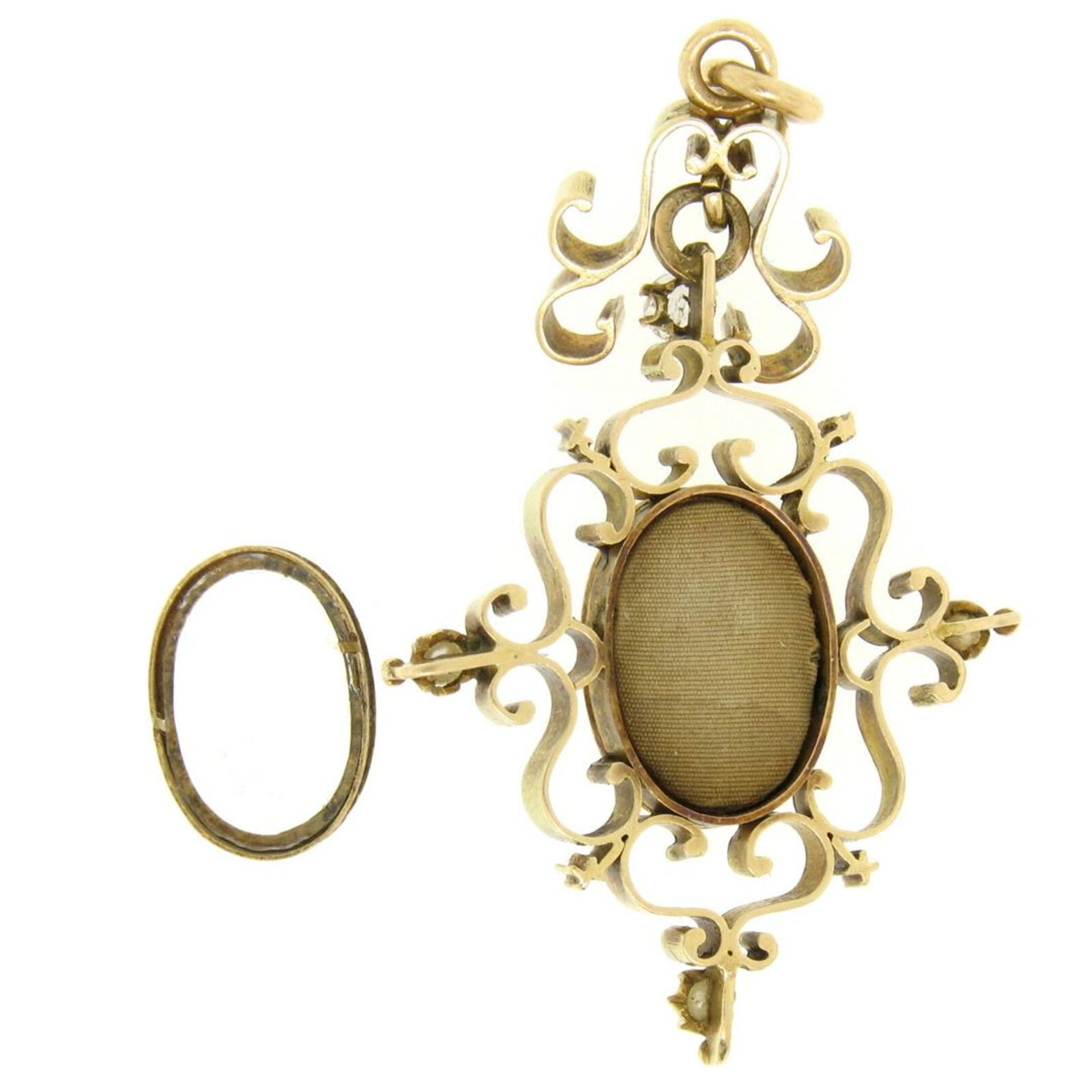 Antique Victorian 14kt Yellow Gold Cameo and Diamond Open Work Locket Pendant - Image 6 of 7