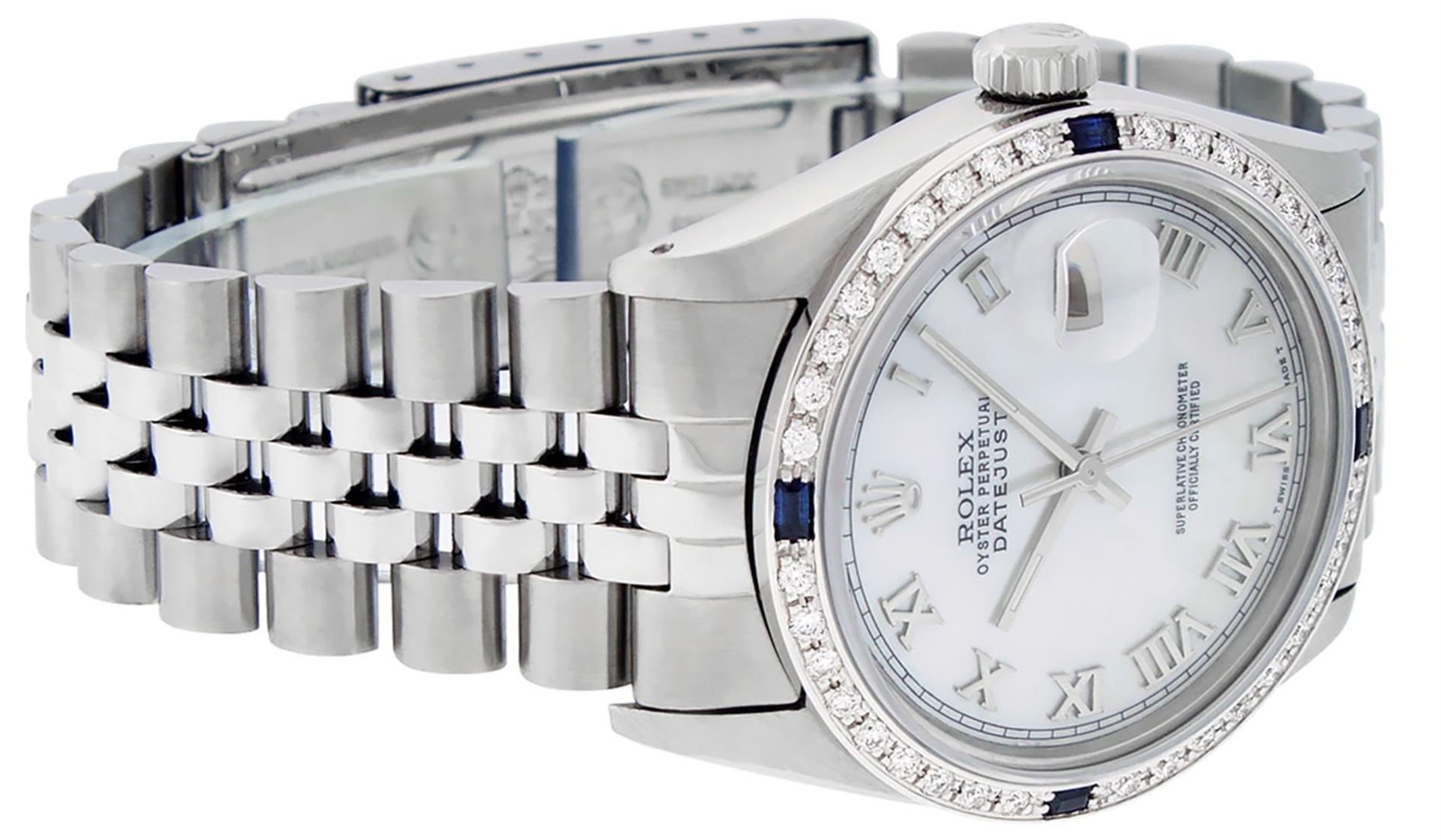 Rolex Mens Stainless Steel MOP Roman 36MM Diamond & Sapphire Datejust Wristwatch - Image 4 of 9