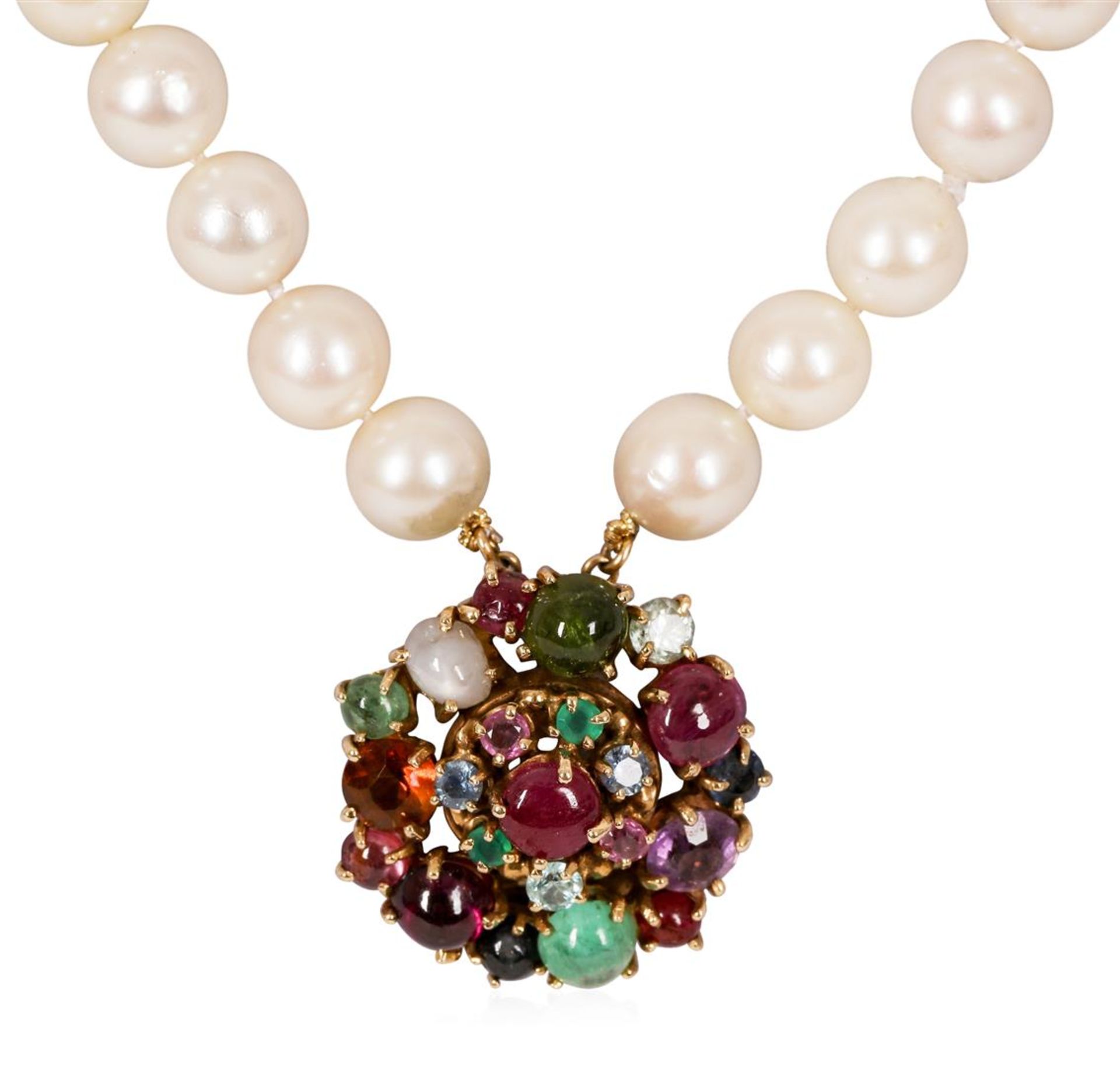 Double Strand Pearl Choker Necklace with 14KT Yellow Gold Multi-Color Stone Clas - Image 3 of 4